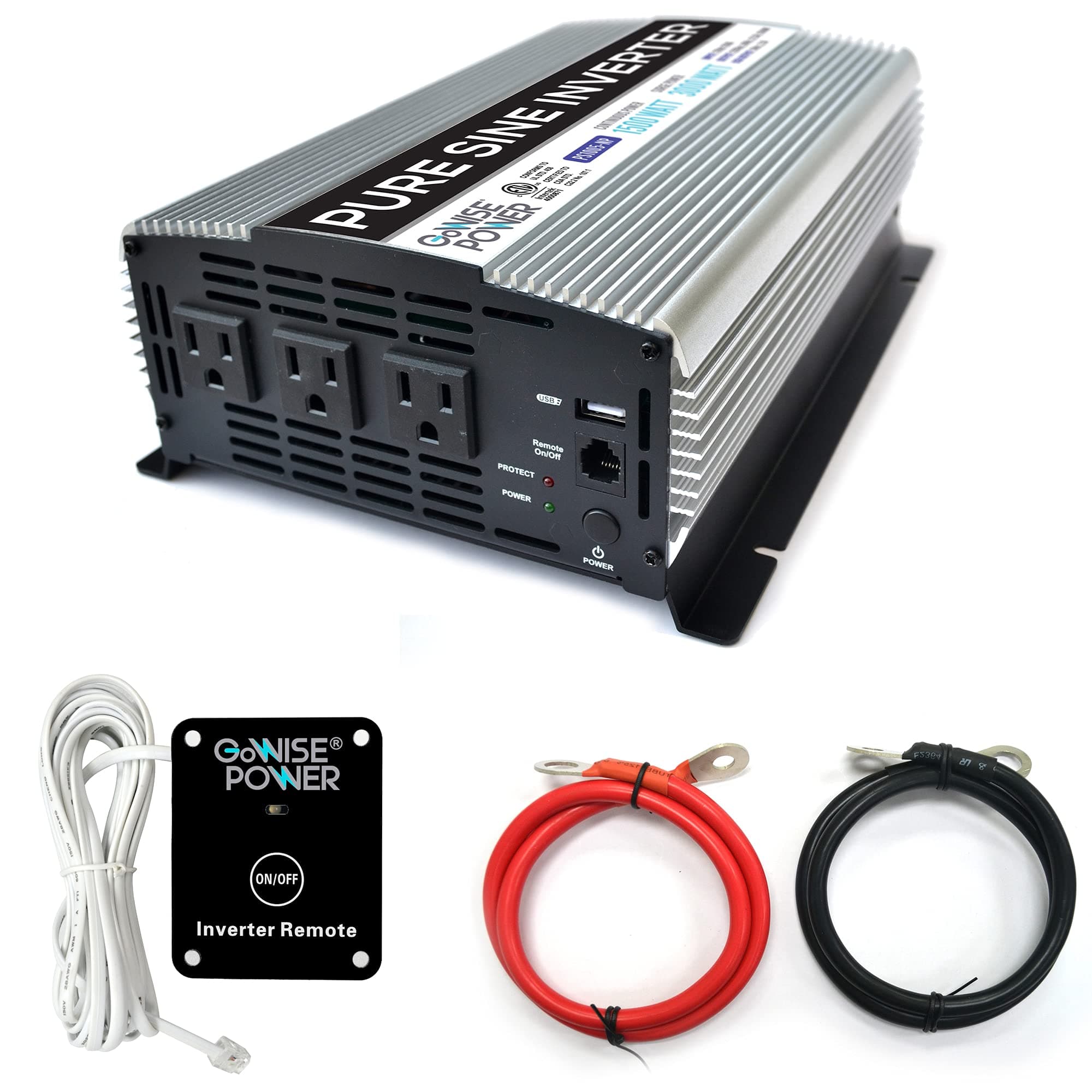 1500W Pure Sine Wave Power Inverter 12V DC to 120 V AC with 3 AC Outlets, 1 5V USB Port, 2 Battery Cables, and Remote Switch (3000W Peak) PS1005 (Brand Name/Packaging May Vary)