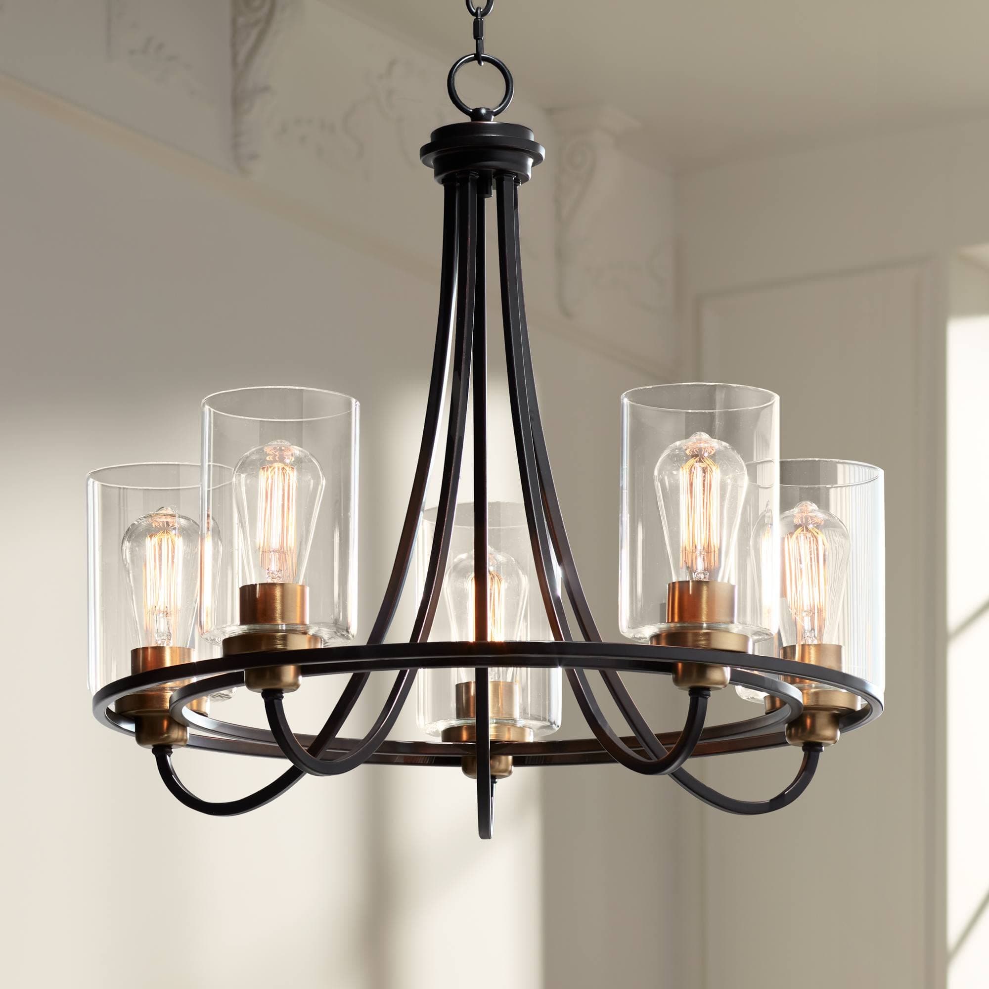 Demy Oil Rubbed Bronze Warm Gold Chandelier 23" Wide Modern Industrial Clear Glass 5-Light Fixture for Dining Room House Foyer Kitchen Island Entryway Bedroom Living Room