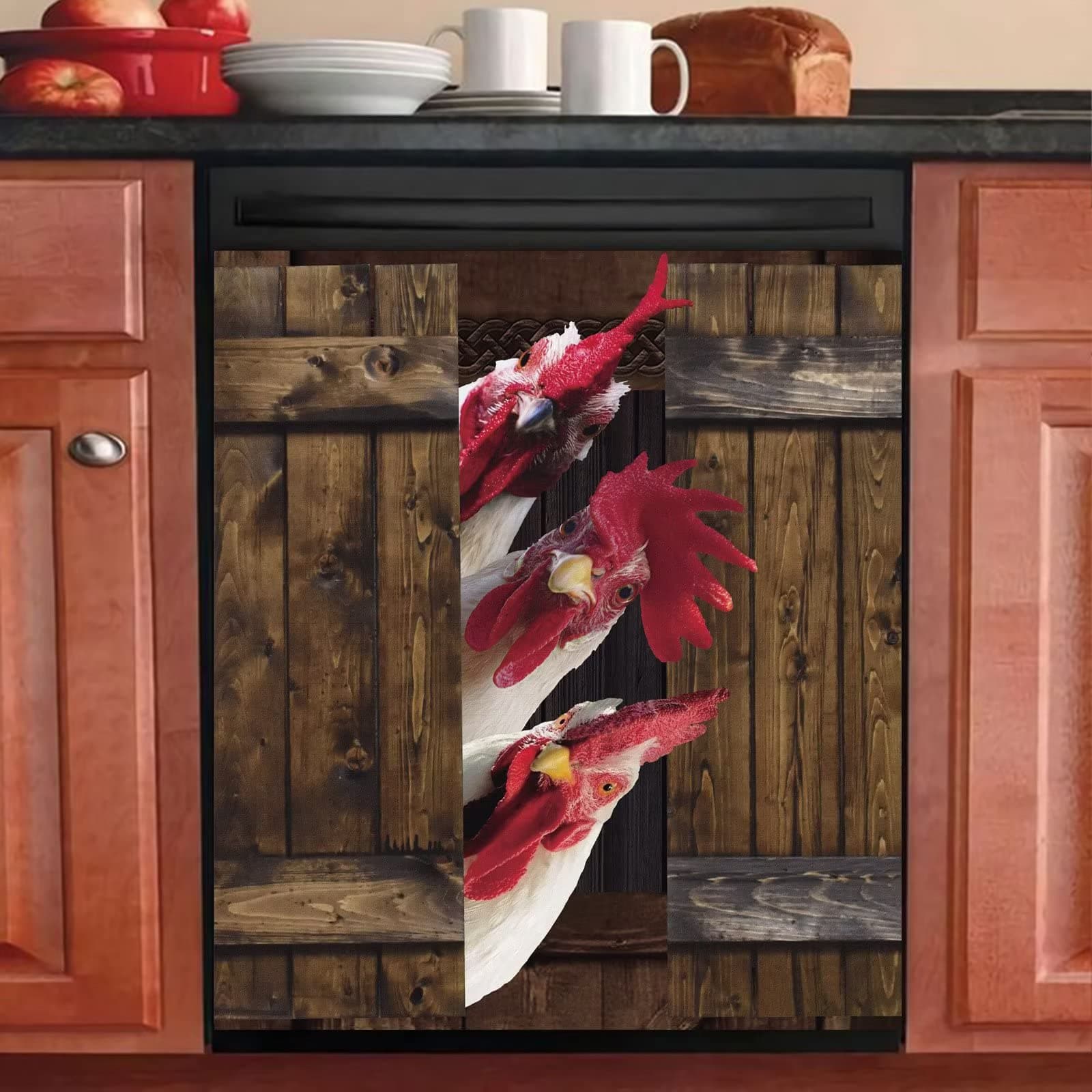 WowfeelMagnetic Dishwasher Cover Decorative,Farm Rooster Dishwasher Magnets Fridge Wallpaper,Vintage Wood Refrigerator Magnet Panel Decal for the Front,Appliance Sticker,Chicken Magnetic 23"x26"