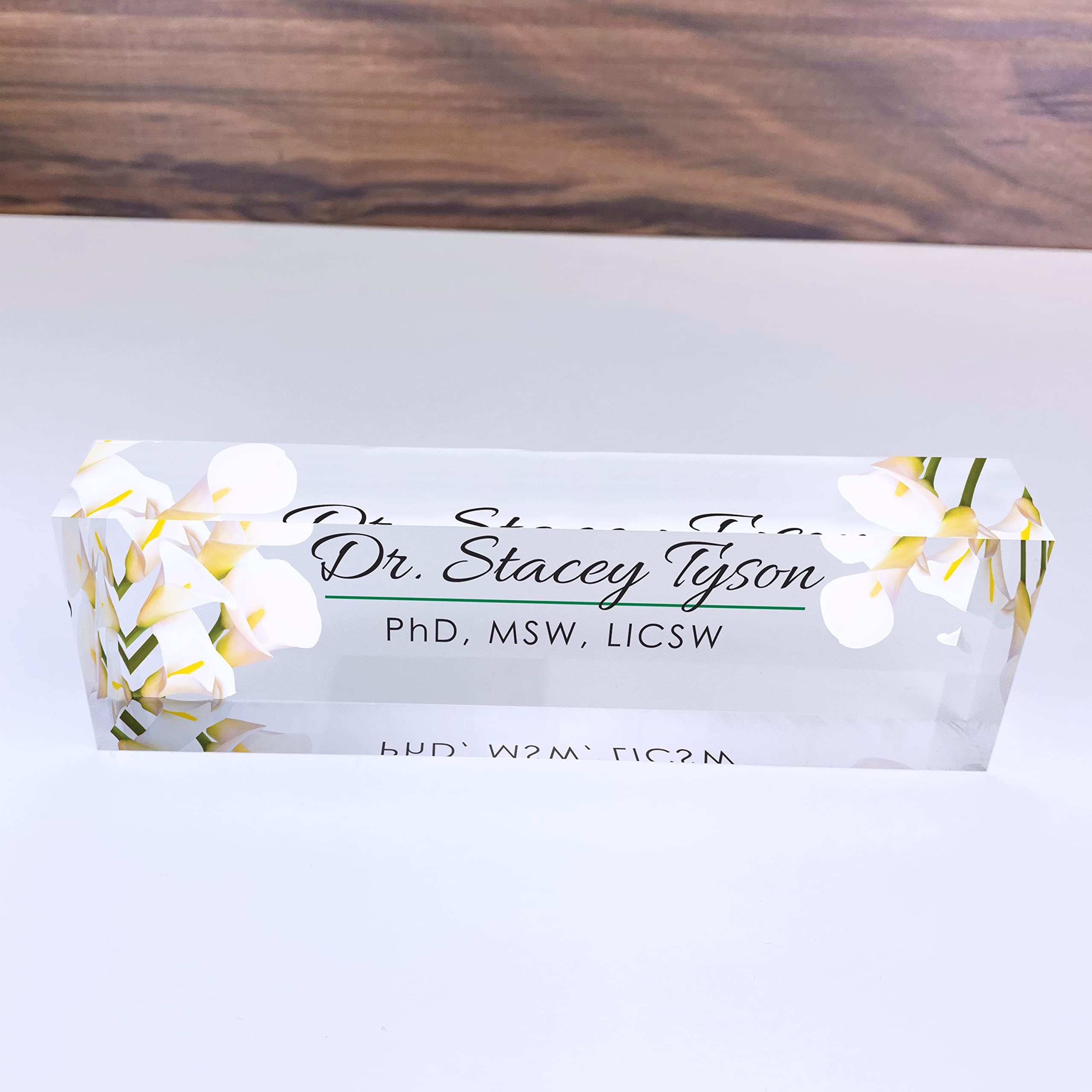 Artblox Office Desk Name Plate Personalized | Custom Name Plates for Desks | Calla Flowers Design On Clear Acrylic Glass | Office Desk Decor - (8" x 2.5")