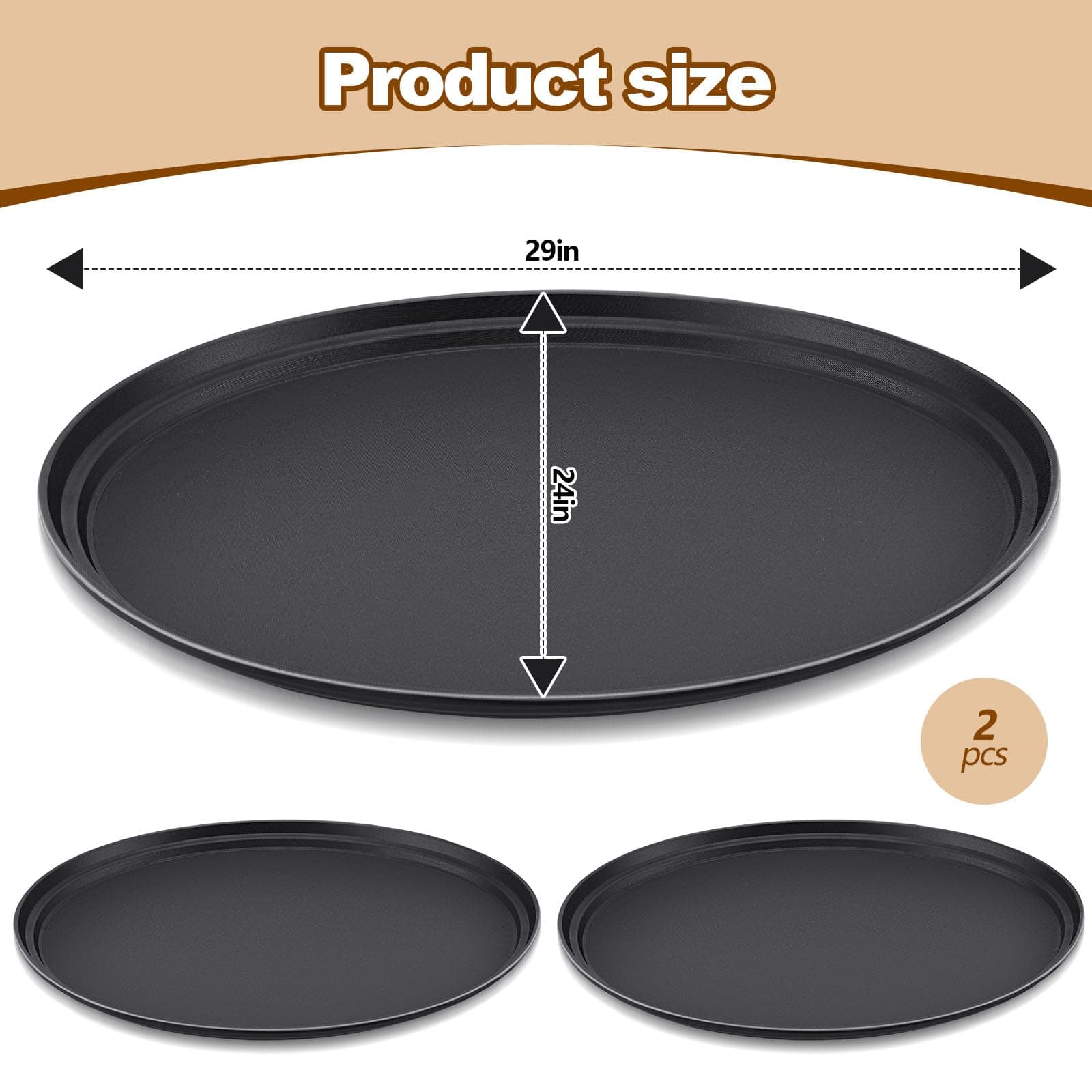 2 Pcs Restaurant Serving Trays PP Plastic Non Slip Rubber Lined Large Oval Tray for Kitchen Dining Room Cafeterias Fast Food Service (24 x 29 Inch,Black)