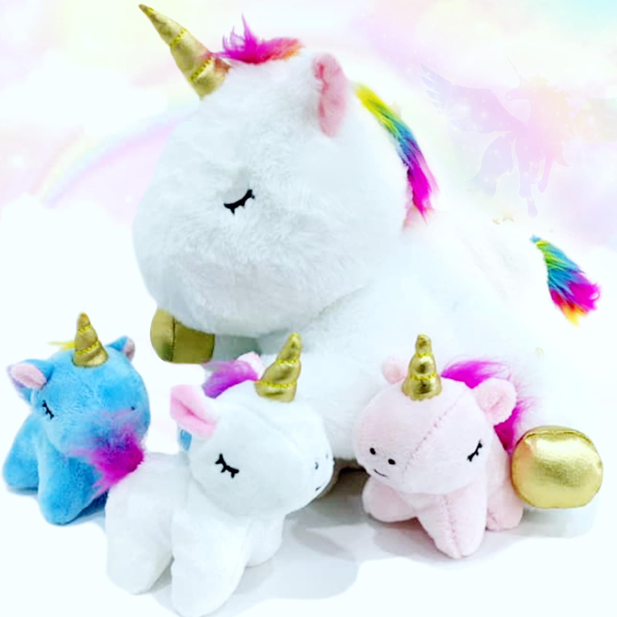 HUGZ Unicorn Toys - Teddy Gifts for Girls Ages 3 4 5 6+ Yrs for Christmas, Birthday, Mom with 3 babies in tummy - Stuffed animal plush- Soft mom plushie in Rainbow color for kids, babies!