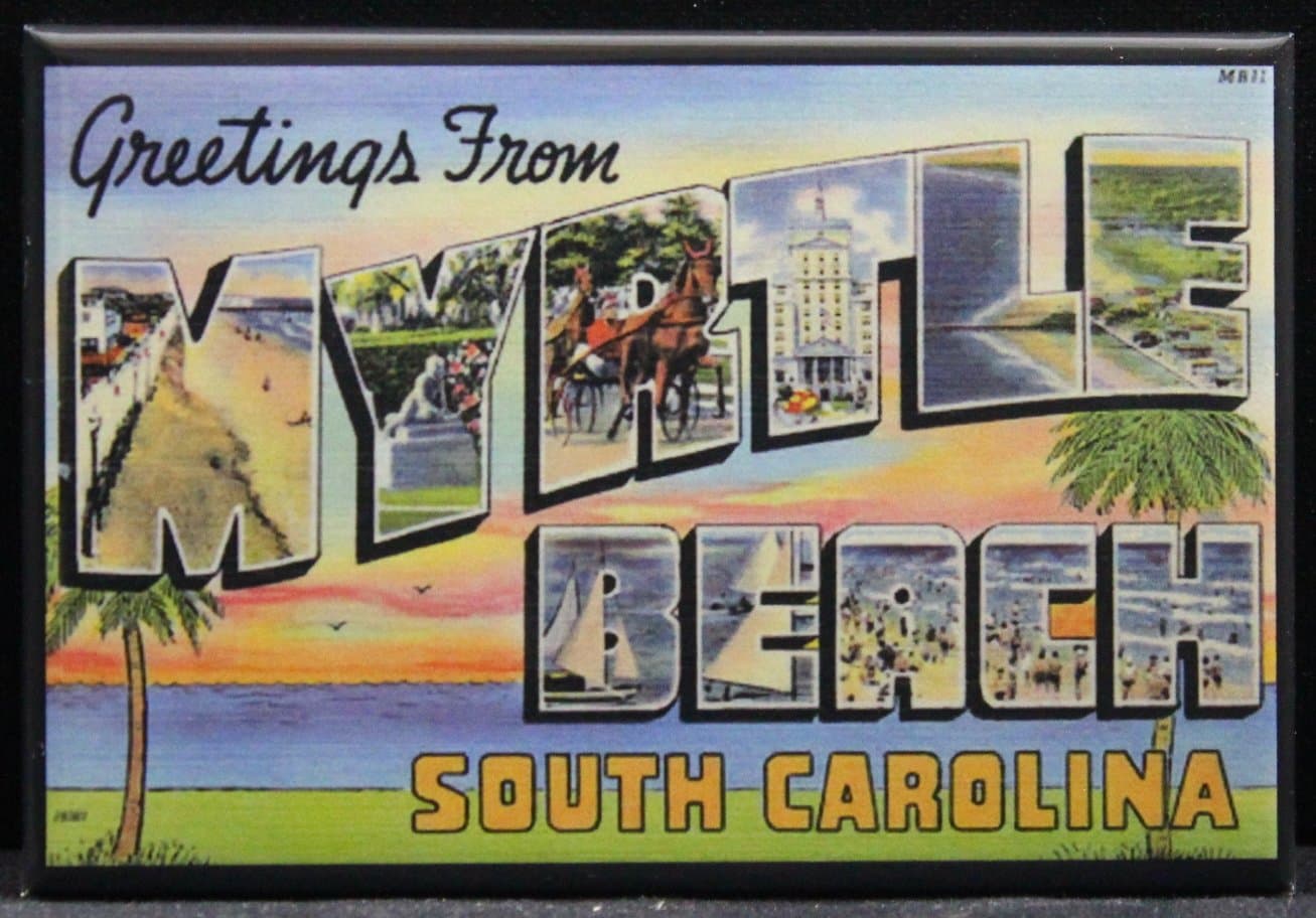 Greetings From Myrtle Beach Vintage Postcard Refrigerator Magnet.
