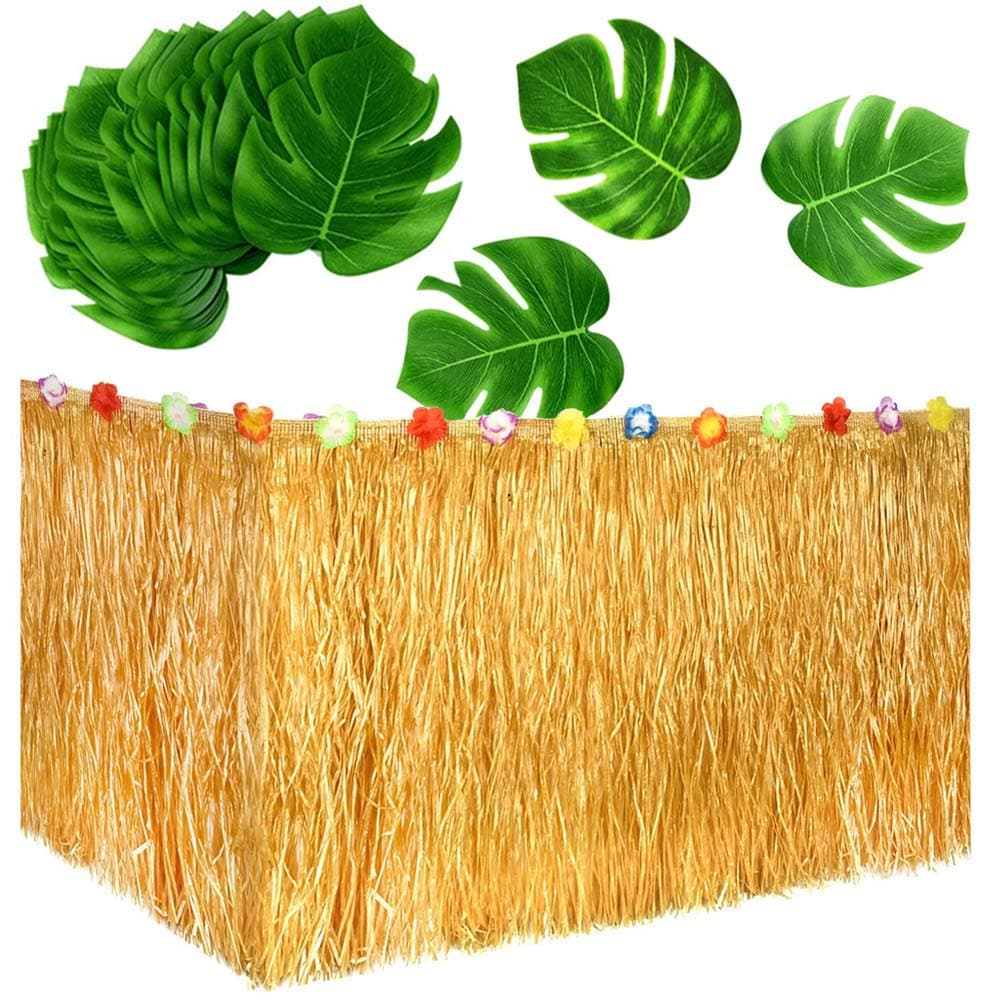 Jackcell Luau Grass Table Skirt 9ft for Hawaiian Party, Moana Theme Tropical Birthday Party Babyshower Decorations Supplies,Drop Artificial Table Skirt with 12 pcs Palm Leaves (Grass Yellow)