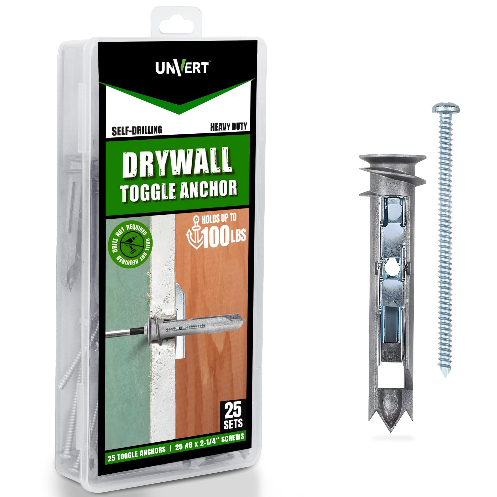 Heavy Duty Drywall Anchors - Self-Drilling Drywall Anchor Toggle Kit, Heavy Duty Wall Anchor with Zinc Phillip Screws #8 x 2-1/4 - Holds Up to 100 Lb. (25 Pack)