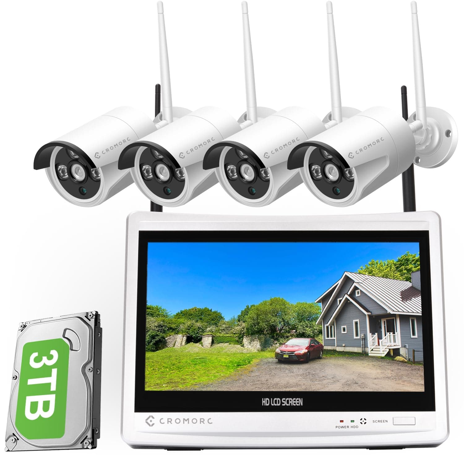 CromorcWireless Security Camera System 12.5" Monitor,Home Business Surveillance Expandable 10CH NVR,4pcs 5MP Outdoor Indoor Night Vision 1-Way Audio Camera,Human Detection 3TB HDD