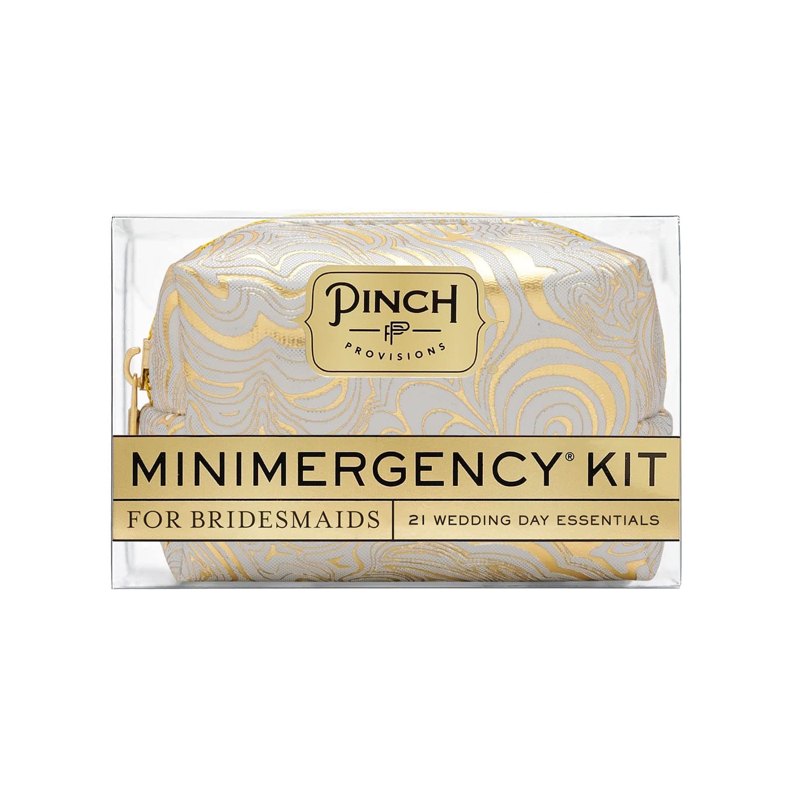 Pinch Provisions Minimergency Kit for Bridesmaids, Includes 21 Emergency Wedding Day Must-Have Essentials, Perfect Bridal Shower and Bridesmaids Proposal Gift (Silver & Gold Swirl)