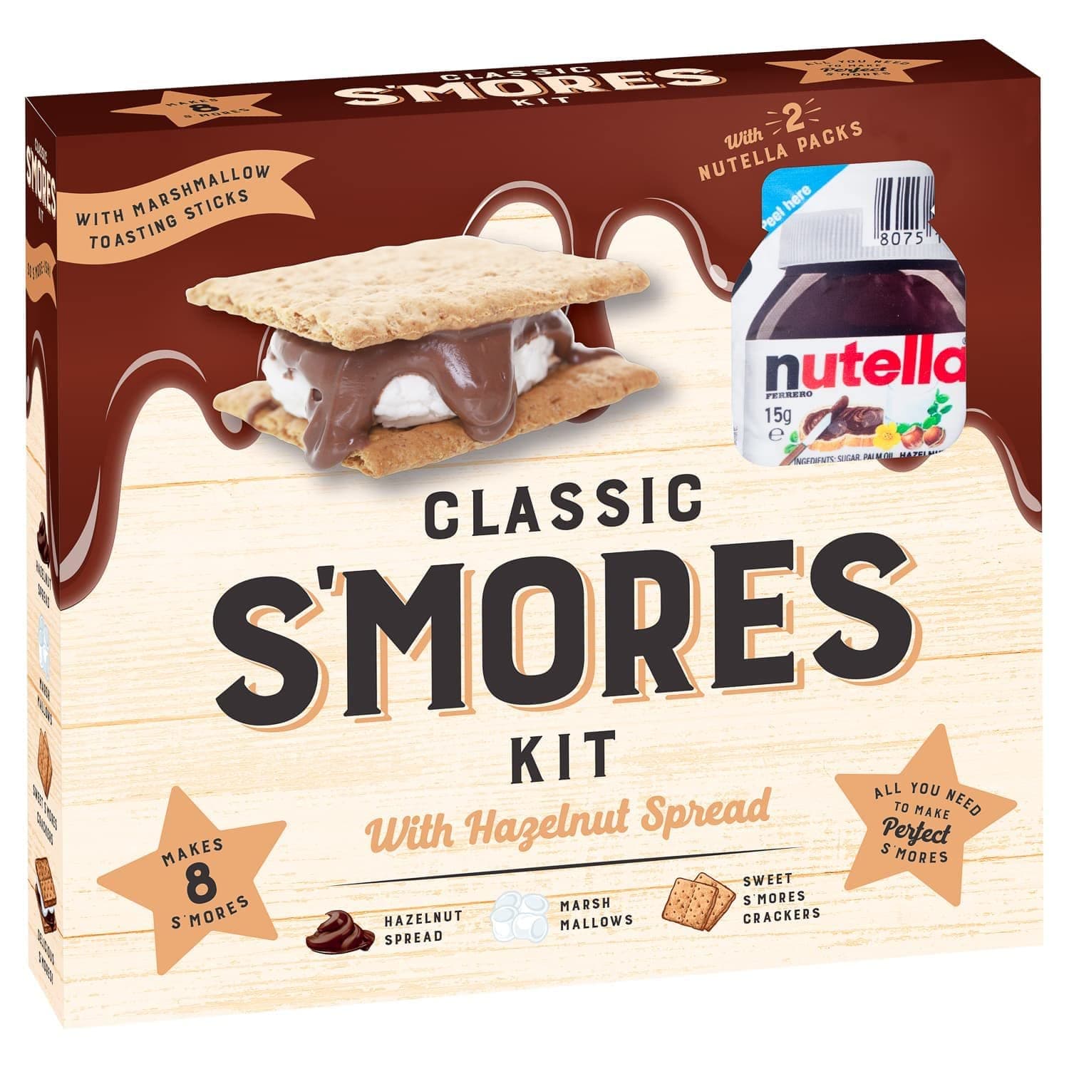 Classic S'mores Kit with Nutella - Make 8 S'mores with 2x Nutella Packs, Marshmallows, Sweet S'mores Crackers, Hazelnut Spread and Toasting Sticks
