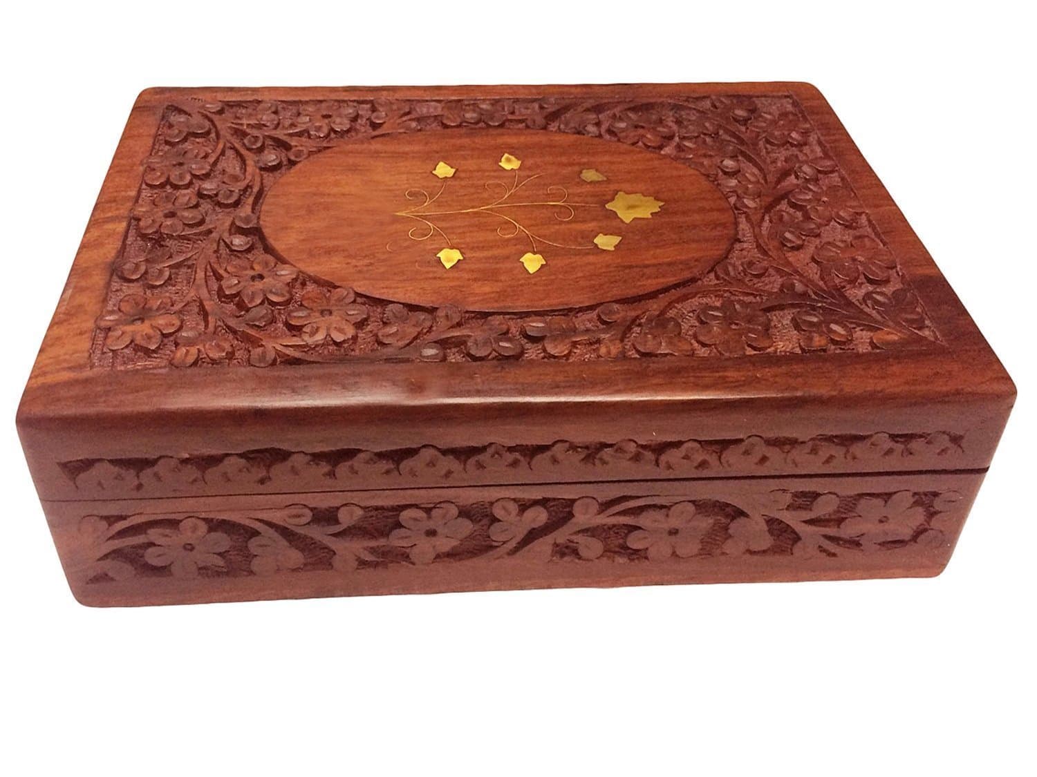 Handmade Wooden Vintage Trinket Safe Jewelry Box, Carved Brass Work Jewellery Box, Decorative Box, Keepsake Box, Brown Color Jewelry Storage Box - 10 x 6 Inch