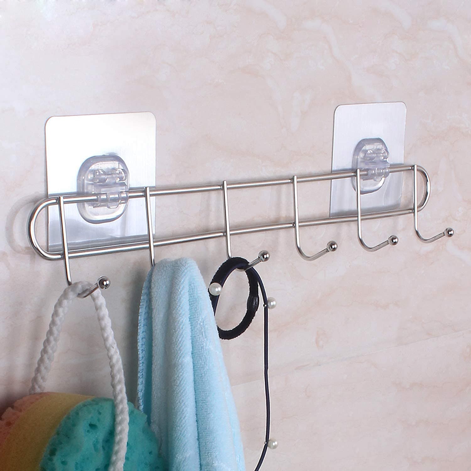 ZURATO Stainless Steel Bathroom Wall Hook 6 Hooks Cloth Hanger Bathroom Wall Door Hook Magic Sticker Self Adhesive for Towel Rail Kitchen Hanger Capacity-5 Kg, Silver