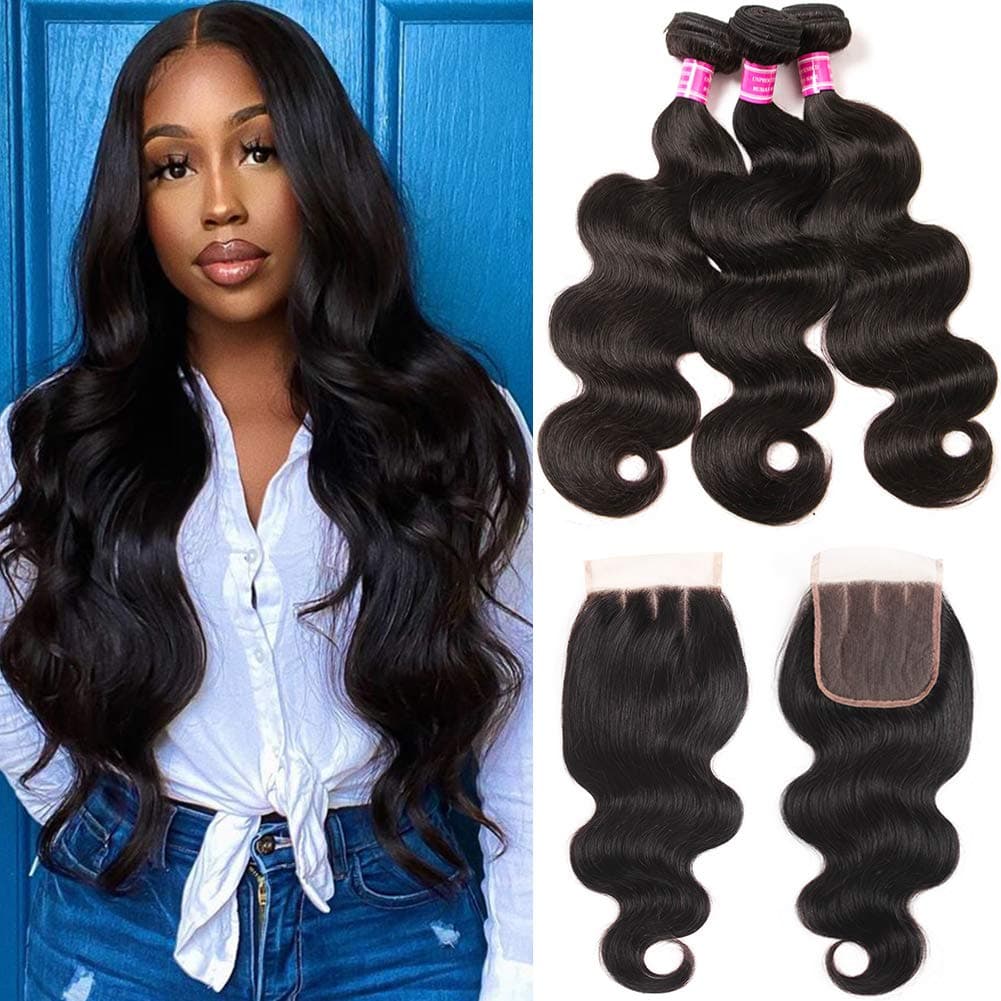 Mureen Brazilian Hair 3 Bundles with Closure (10 12 14 +10, Three Part) Body Wave 4×4 Virgin Hair Lace Closure with Bundles Unprocessed Human Hair Extensions Weave Weft With Closure Natural Color
