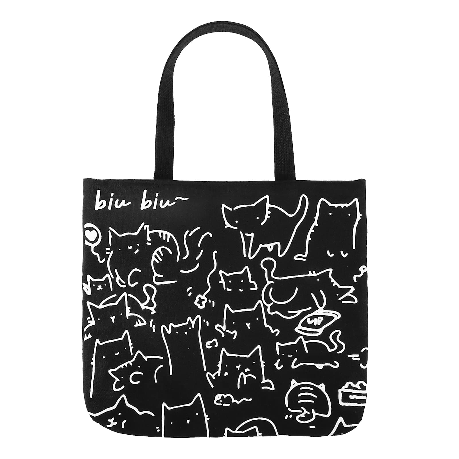 Cat Tote Bag with Zip Reusable Canvas Shopping Bag for Women & Girls Black, Washable & Foldable