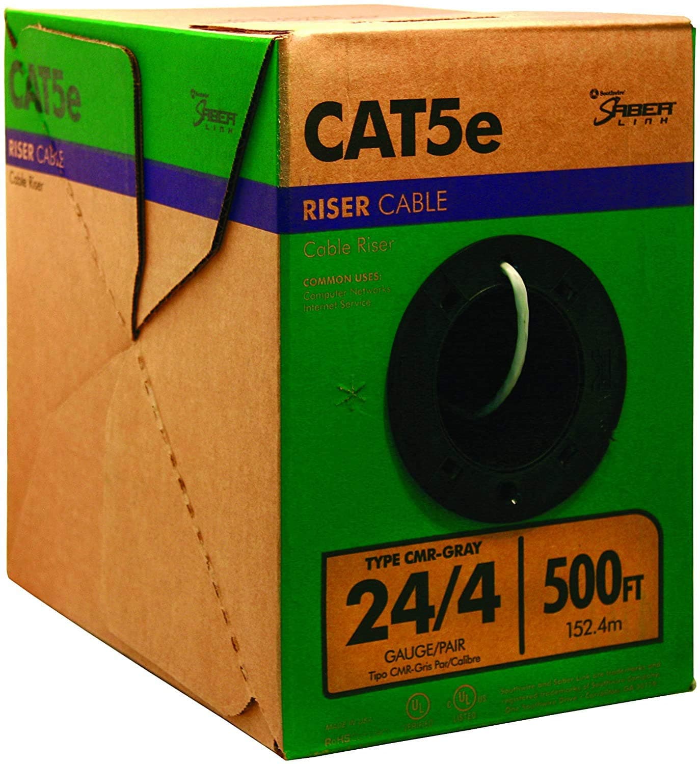 56917945 500-Feet 24-Gauge 4 Pair CMR UL 75-Degree C Low Smoke PVC Jacket Category 5e Riser Cable; Gray