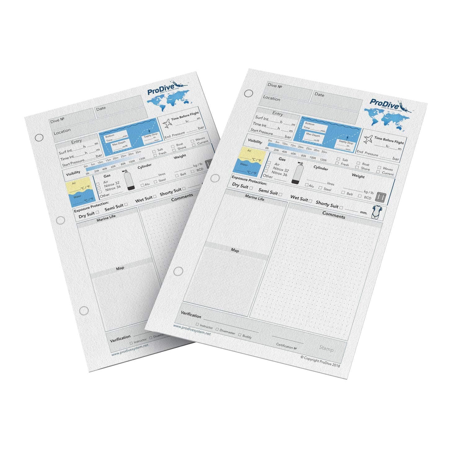 Scuba Diving Log Book Refill Pages for 50 Dives 3 Hole PADI Standard