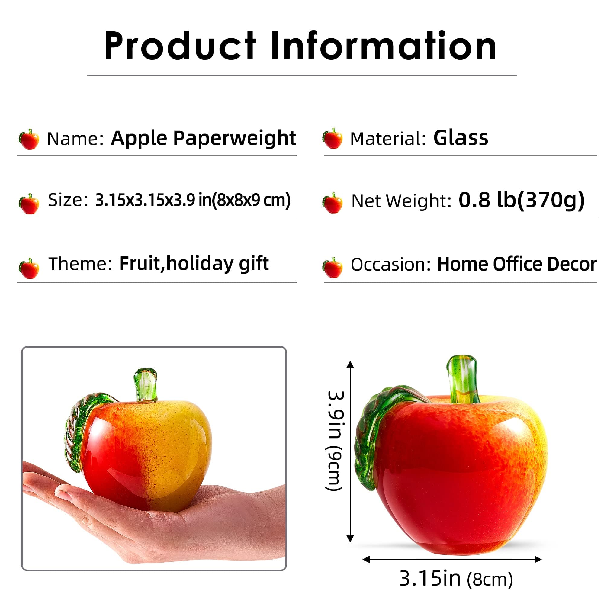 EUSTUMA Hand Blown Art Glass Apple Collectible Figurines,Glass Apple Paperweight,Christmas Eve Gifts,Home Decoration,Office Decoration.