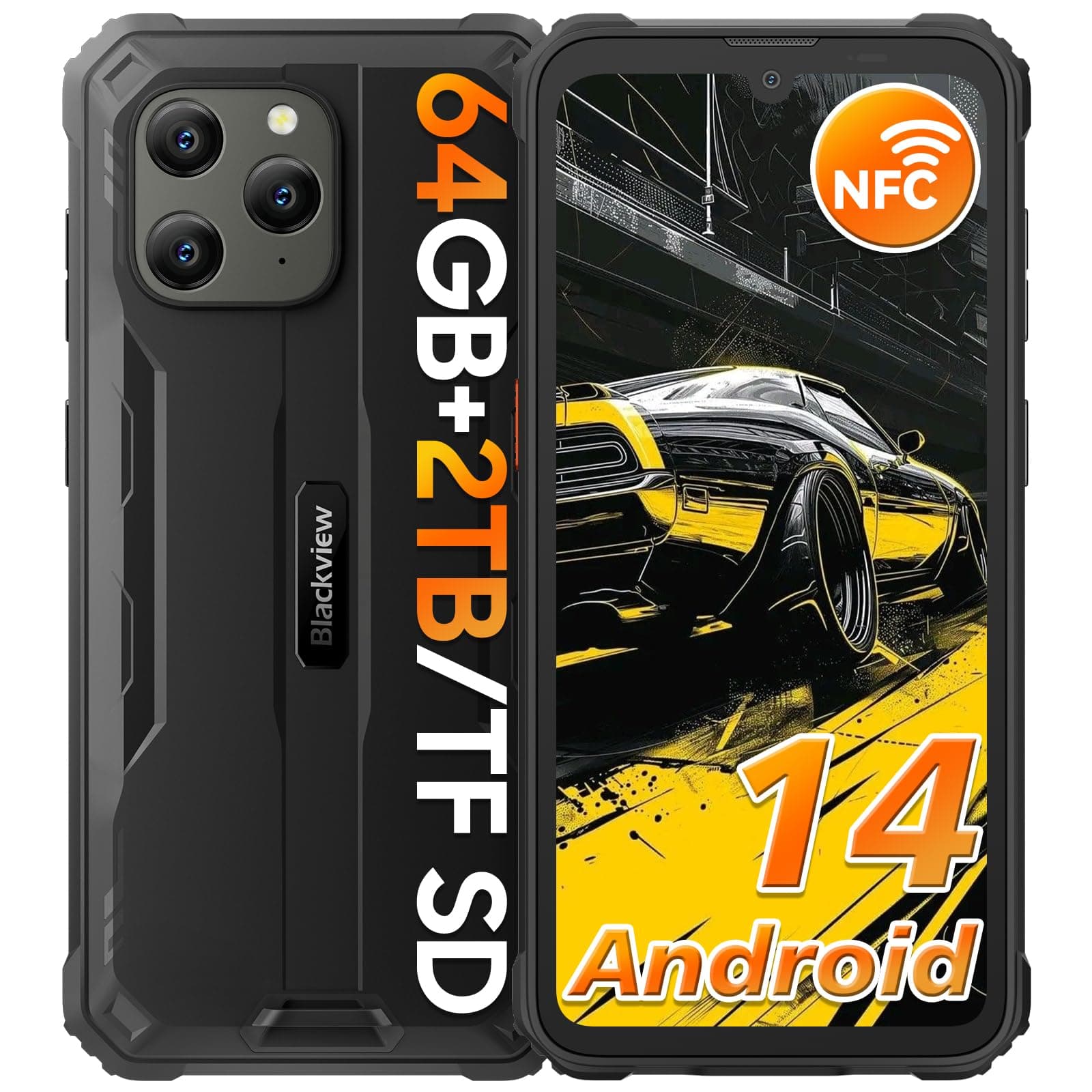 Rugged Smartphone Android 14, BV5300Pro 12GB+64GB/1TB, 6580mAh Battery, 6.1" HD+ Display,3 Cards Slot, IP68/IP69K Waterproof Phone,13MP Camera 4G Dual SIM/NFC/OTG/Face ID-Black