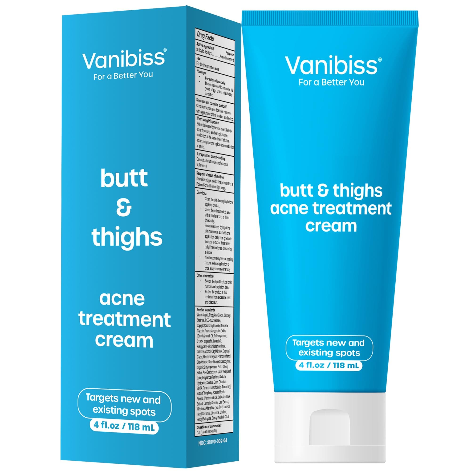 Vanibiss Butt & Thighs Acne Clearing Treatment - Back Acne Treatment - Body Acne Treatment Cream with 2% Salicylic Acid for Women - 4oz