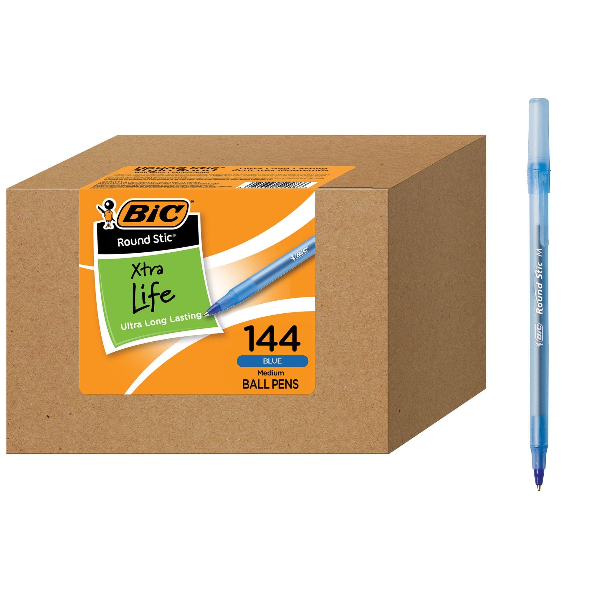 Round Stic Xtra Life Ballpoint Pen, Medium Point (1.0mm), Blue, Flexible Round Barrel For Writing Comfort, 144-Count