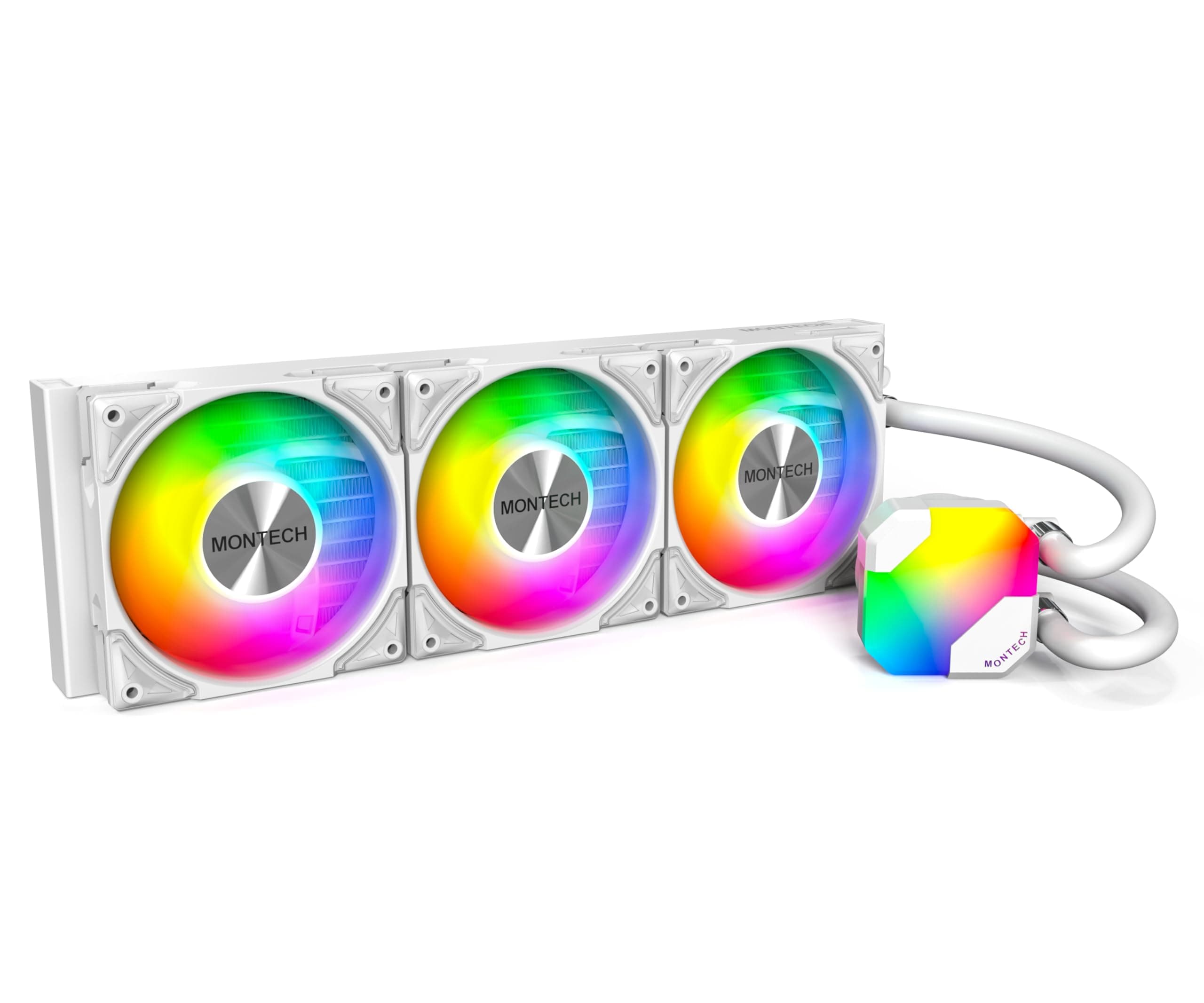 MONTECH HyperFlow ARGB 360 - AIO CPU Liquid Cooler, Intel&AMD Compatible, Chart-Topping Performance, Enhanced 3100RPM Water Pump Design, 3X Metal Pro 12 ARGB Ultimate Cooling Fans -White