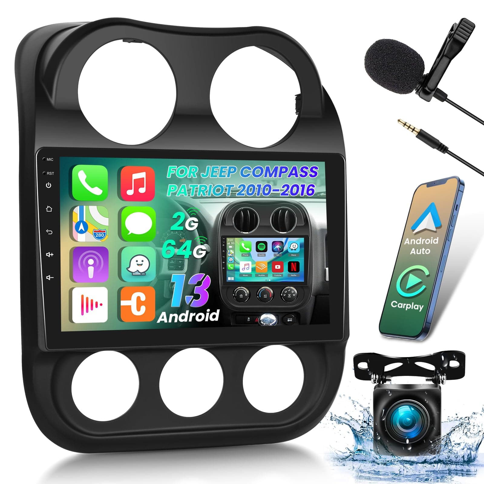 [2G+64G] Car Radio for Jeep Compass Patriot 2010-2016, 10.1 inch Android 13 Touch Screen Stereo, Carplay/Android Auto/Hi-Fi Audio/Wi-Fi/1080P/SWC/Bluetooth+AHD Backup Camera+MIC