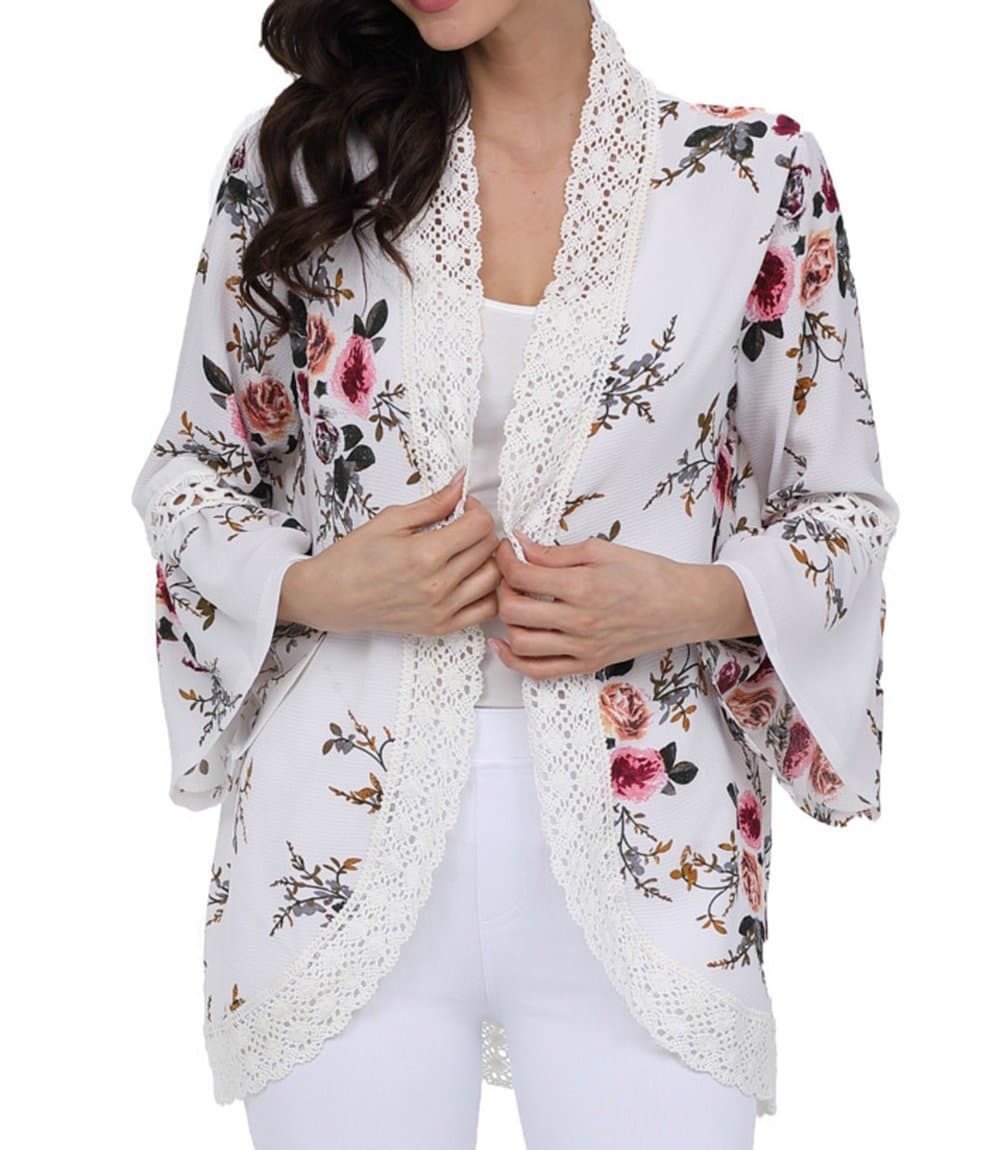 Floral Cardigans for Women Ladies Boho Bohemian Long Sleeve Kimono Shirt Shawl, White, XL