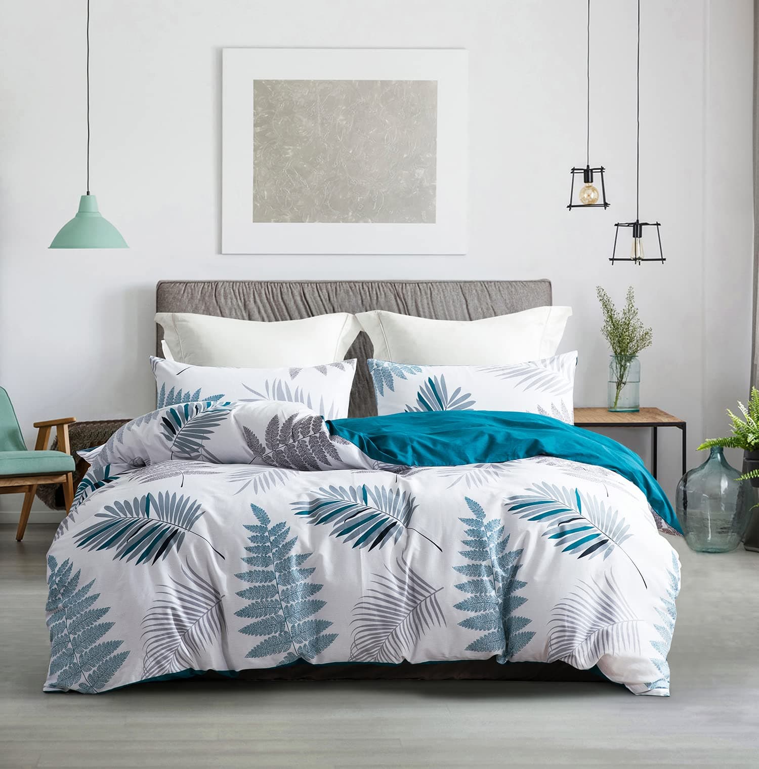 SLEEPBELLA Duvet Cover Twin, 600 Thread Count Cotton Leaf Botanical Pattern Print Reversible Comforter Cover Set (Twin, Teal Blue-Leaf)