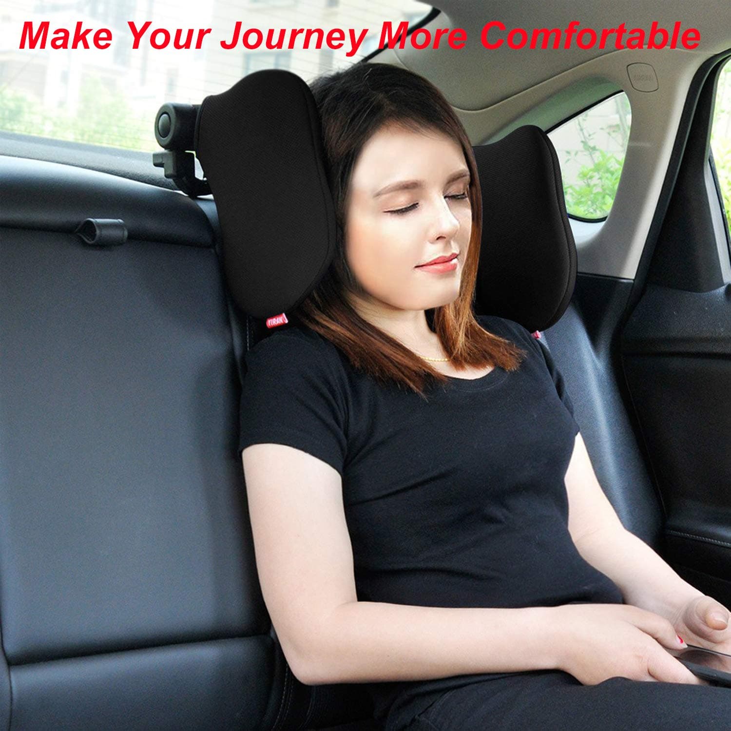Car Seat Headrest, Car Neck Pillow Neck Support, TINDERALA Neck Pillow with High Elastic Nylon, Retractable Support on Both Sides Car Seat Headrest, Suitable for Adult and Kids (Black)