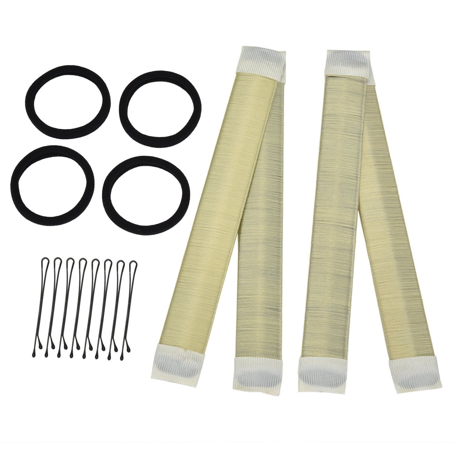 Hair Bun Shapers, 2 Pcs [beige white] Modern Hair Styling Maker, Beauty Crown and Donut Hair Style Tools and [4 Pack Black] Elastics Hair Bands [8 Pack Black] Hair Clips by Mistyle.
