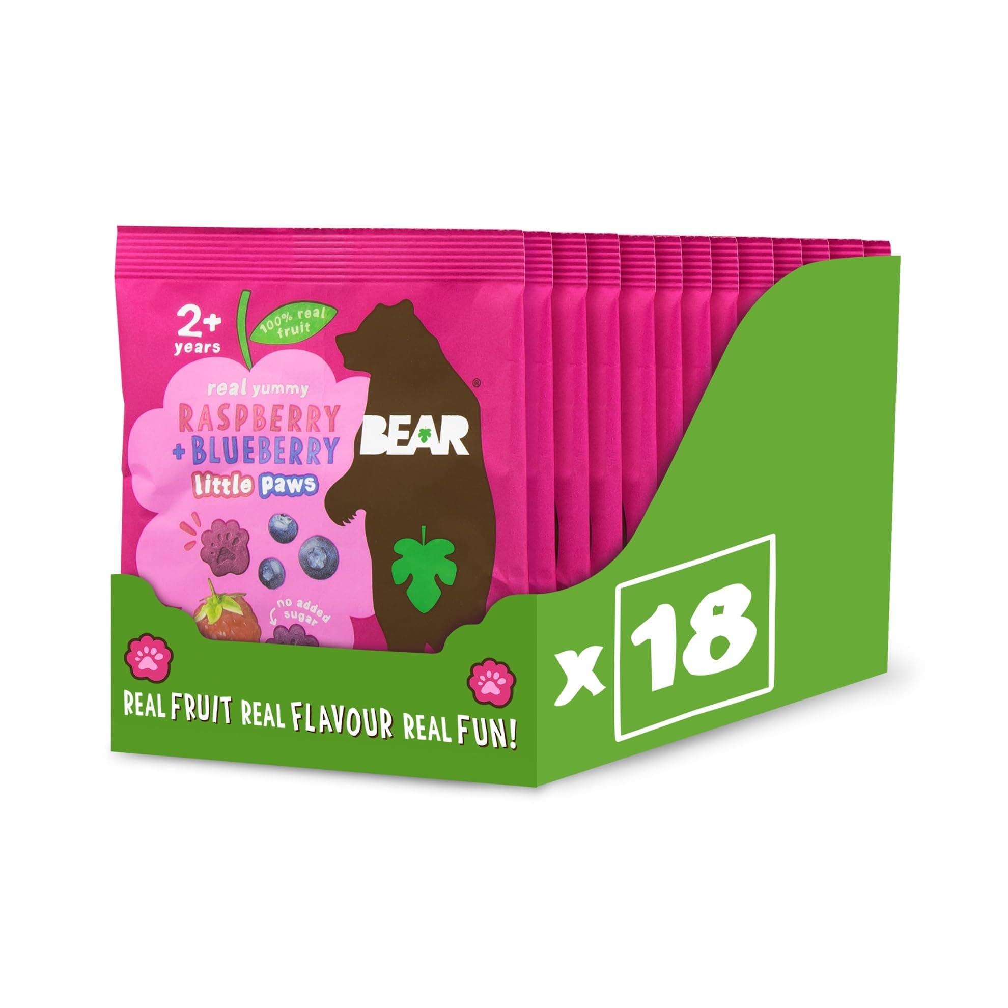 Raspberry & Blueberry Paws - Delicious Real Fruit - Suitable for 2+ years - Healthy - 20g (18 pack)