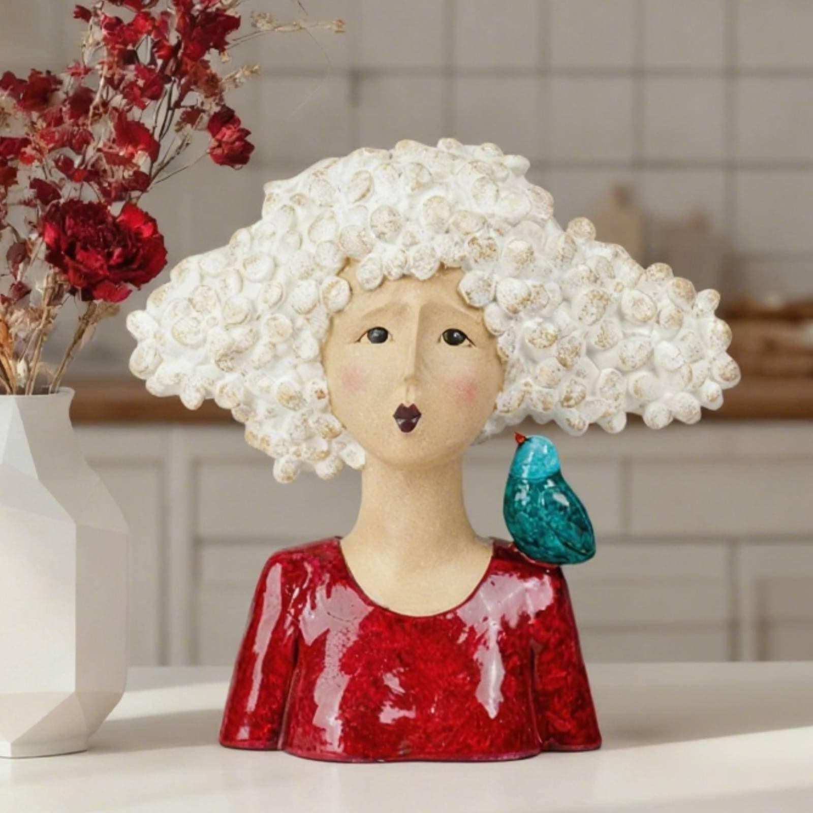 DiliComing Garden-Statues Bust-Head Sculptures for Home Decor - 11 Inch Women with Bird Modern Art Statue for Home and Garden, Various Festivals for Women 10.5 x5.5 x 11 Inch (Red)