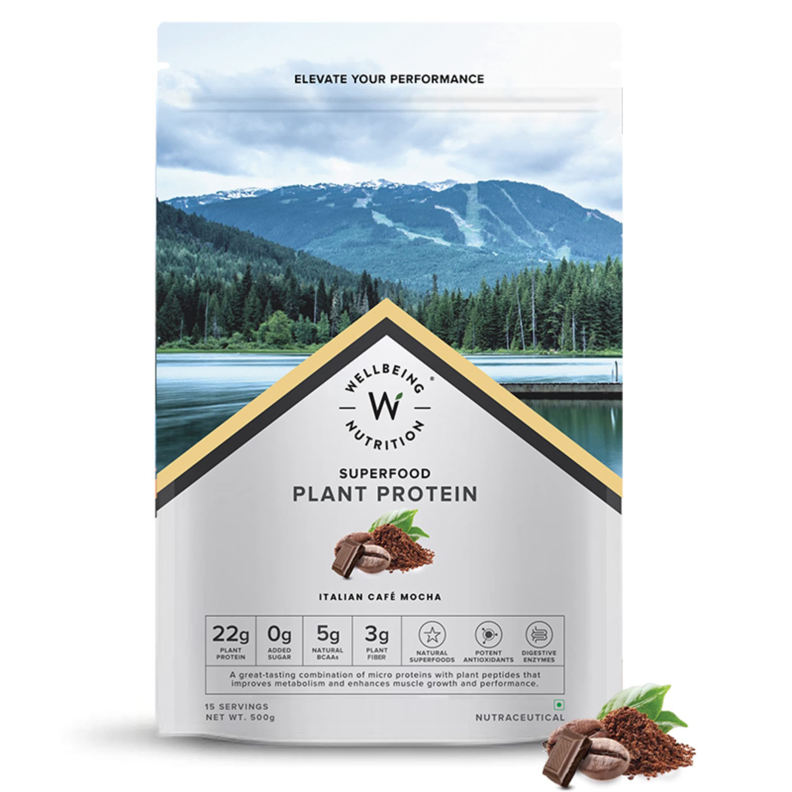 WELLBEING NUTRITIONOrganic Vegan Plant Protein Isolate Powder | 22g Protein, 5g BCAA European Pea & Brown Rice Protein | Superfoods, Fiber for Muscle Growth & Recovery | Italian Cafe Mocha - 500gm