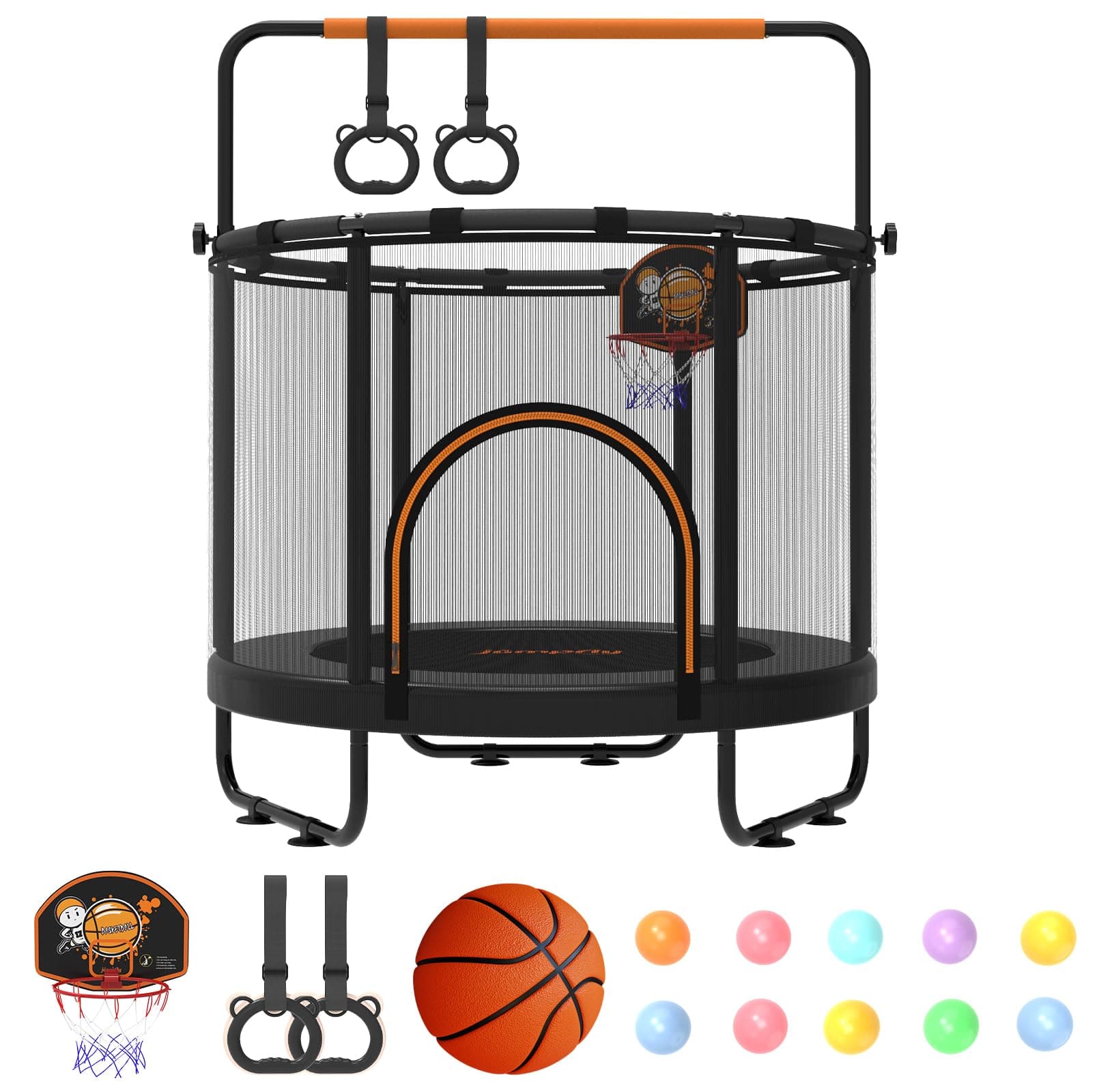 jumpfly 5FT Trampoline for Kids, Toddler Trampoline Indoor with Adjustable Gym Bar, Mini Trampolines for Ages 1-6,Small Trampolines for Baby with Net,Gift for Boys&Girls,BastketBall Hoop