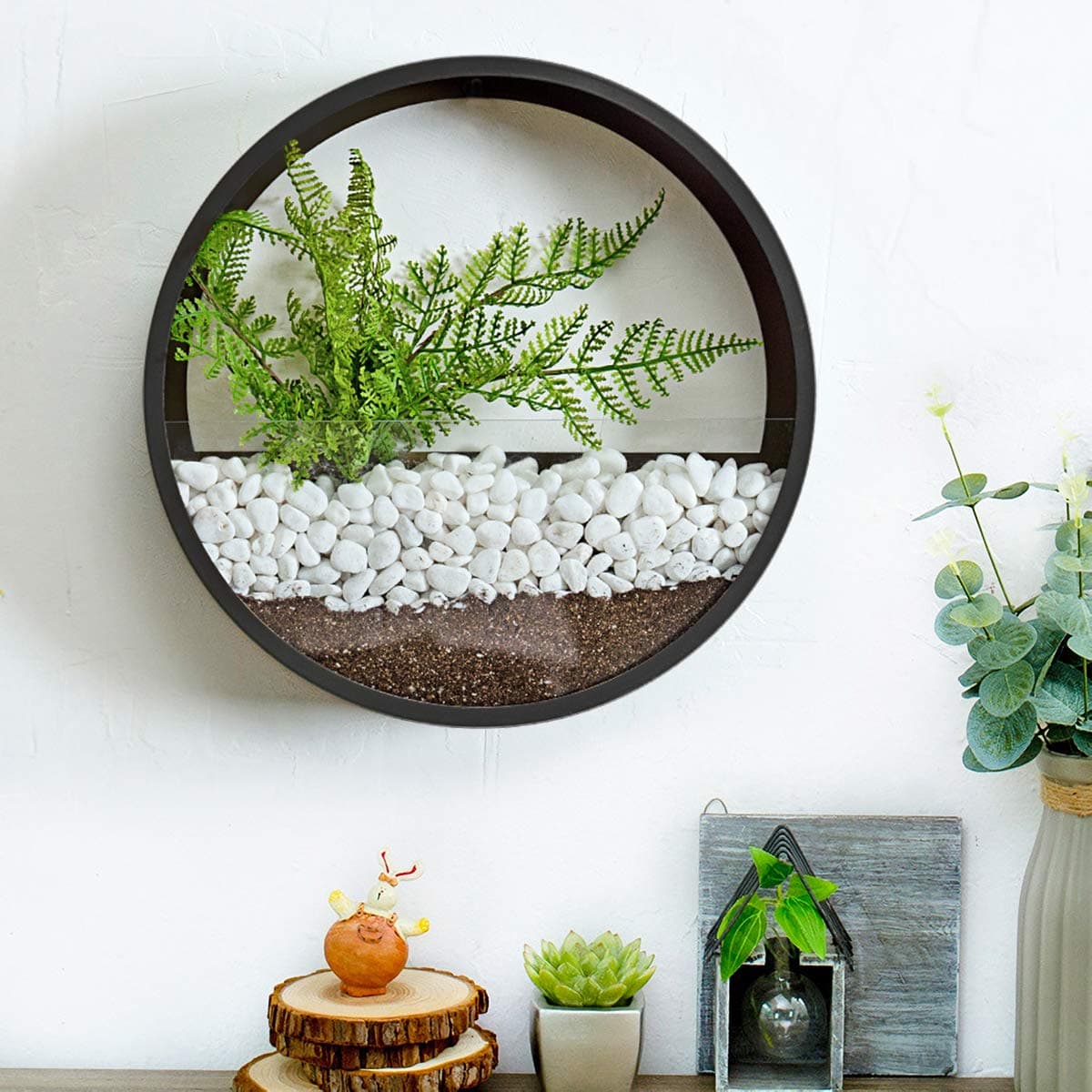 Ecosides 8 inch Black Round Metal Glass Succulent Wall Hanging Planter Indoor Iron Wall Plants Pot Wall Terrarium Wall Vase Wall-Mounted Planter Vertical Container Air Plant Holder Modern Decor