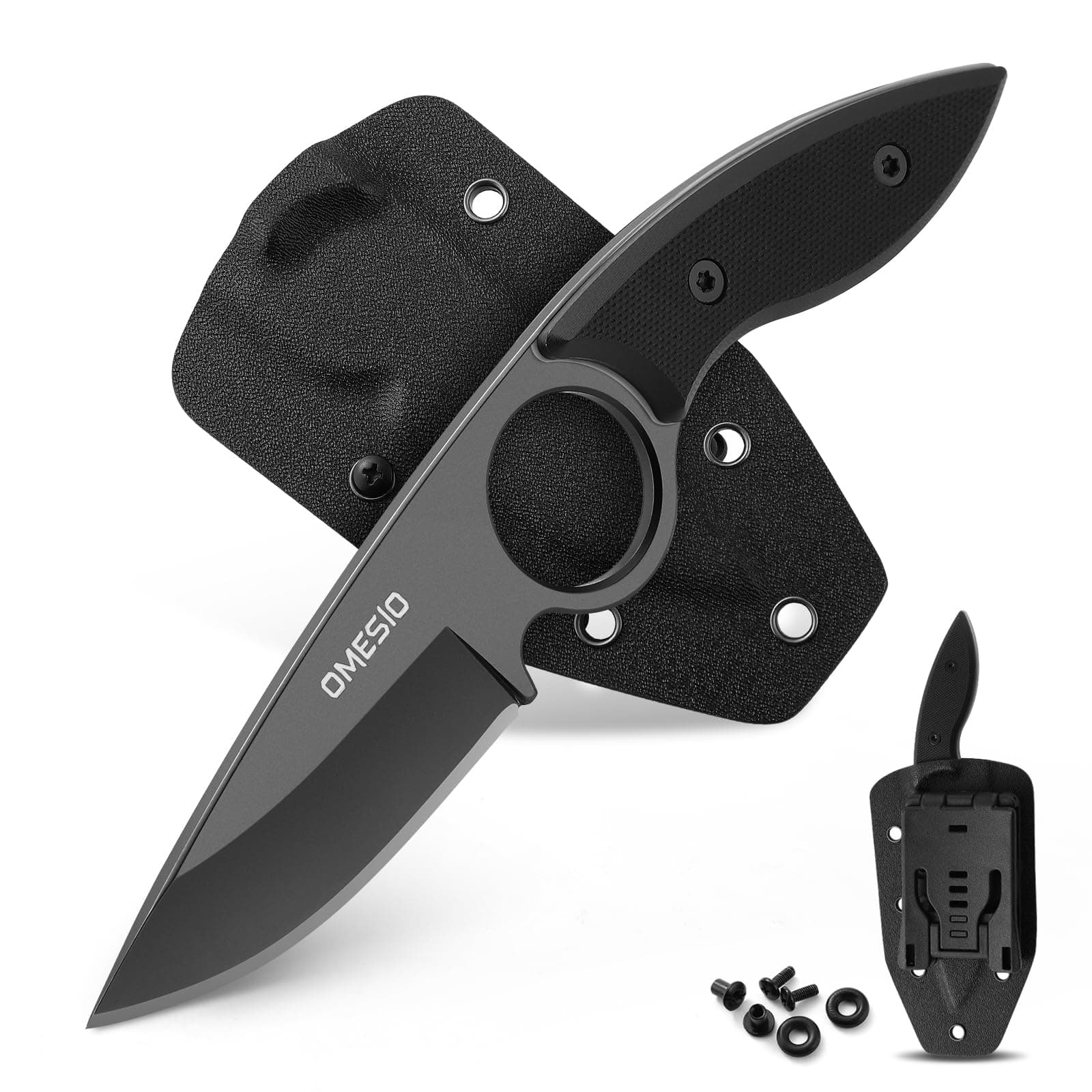 Omesio Small Fixed Blade Knife, Tactical Hunting Camping Knife with Kydex Sheath, Full Tang Stainless Steel Compact EDC Neck G10 Handle with Gift Box for Men (Black)
