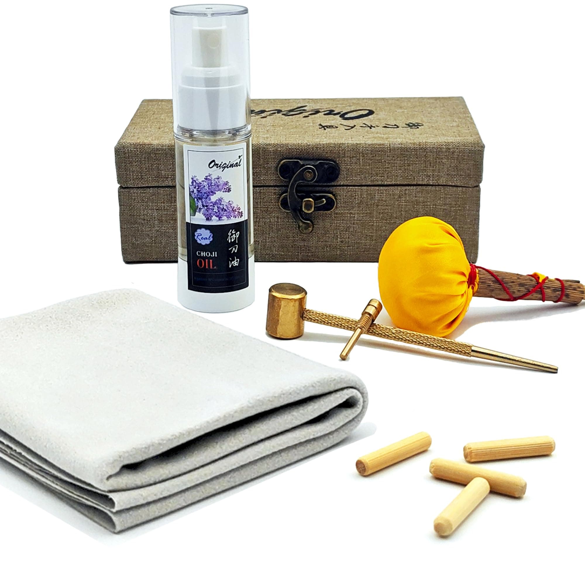 Sword Katana Cleaning Kit,Contains Choji Oil,Copper Hammer,Chamois,Uchiko Ball,2 Pairs Peg (Mekugi),Apply to Care for Japanese Samurai Swords