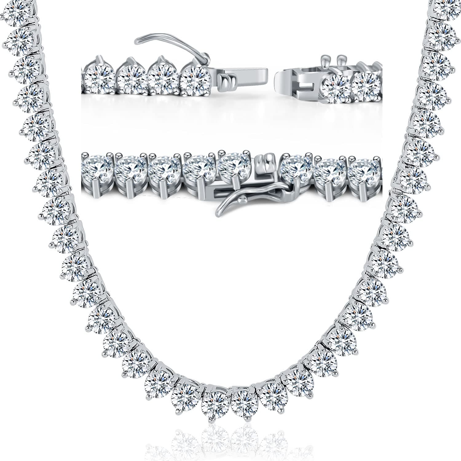 Tennis Necklace for Women Men 3 Prong 18K White Gold Plated 5A 4.0mm Round Cubic Zirconia Cut Faux Diamond Tennis Chain