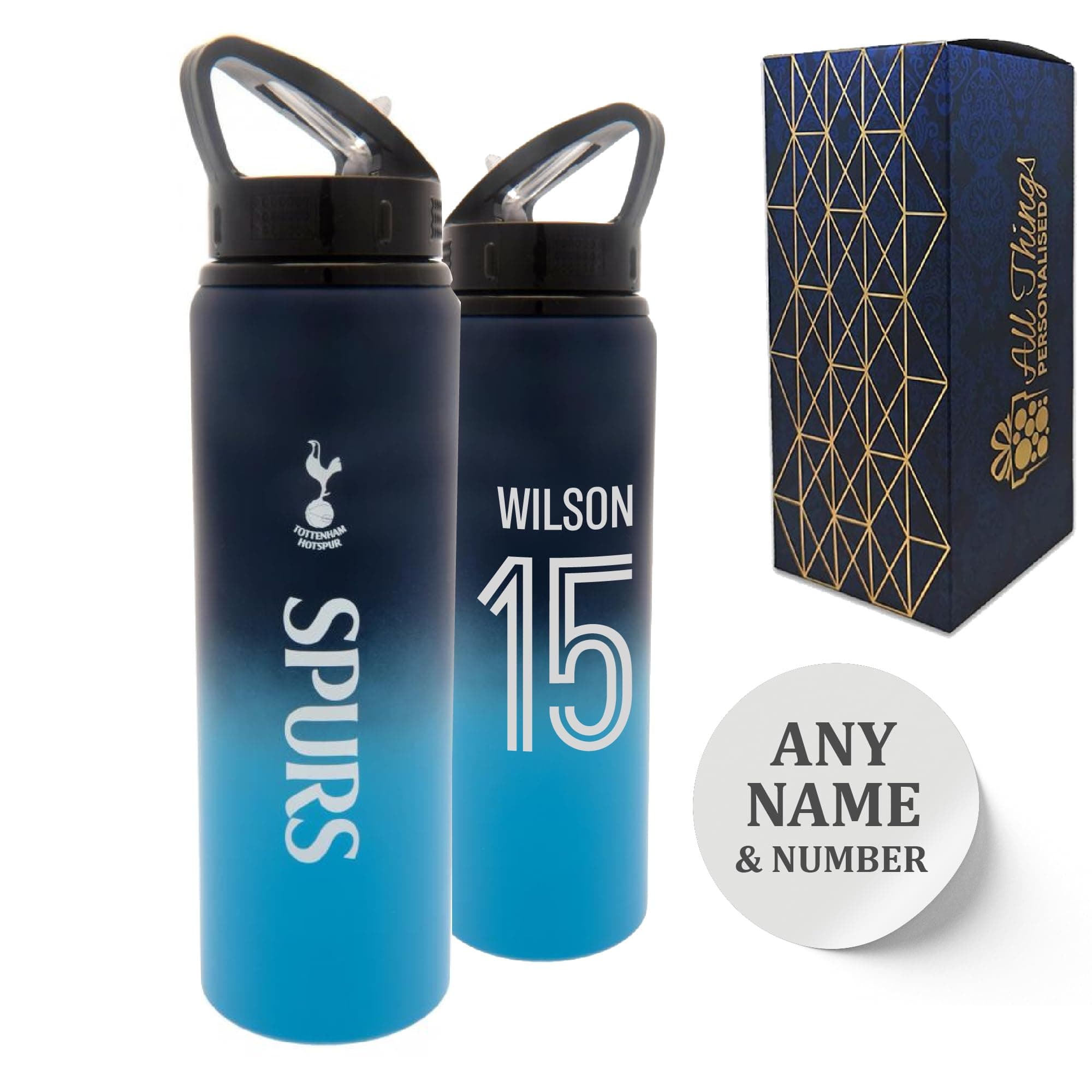 Official Tottenham Bottle, Personalised Metal Water Bottle, Gift Boxed, Gift for Him, Birthday Gift, Customise with Any Number and Name, 750ml/25oz Capacity, Aluminium Bottle