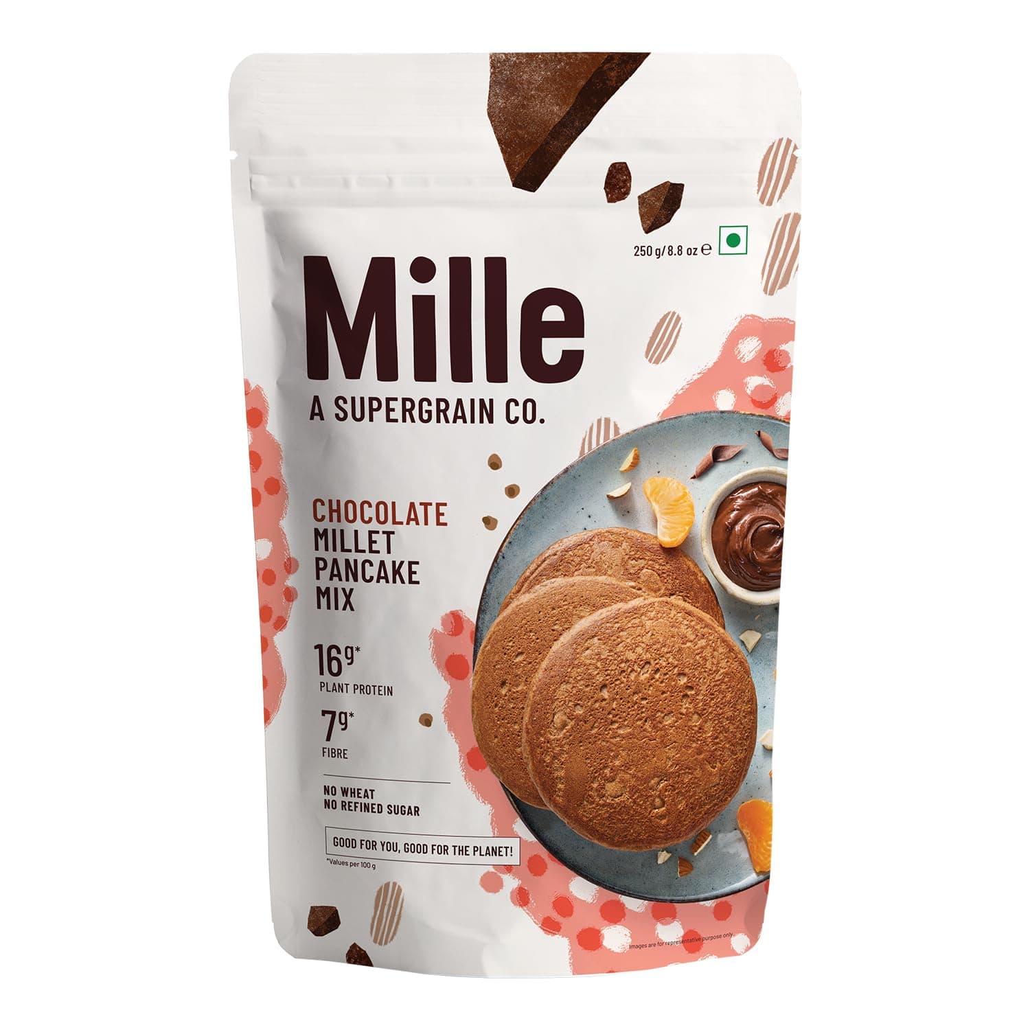 - Mille Chocolate Millet Pancake | NO MAIDA | Eggless | Gluten Free | High Plant Protein | Low Carbs | Low GI Millet Grain | No Refined Sugar | 250 grams
