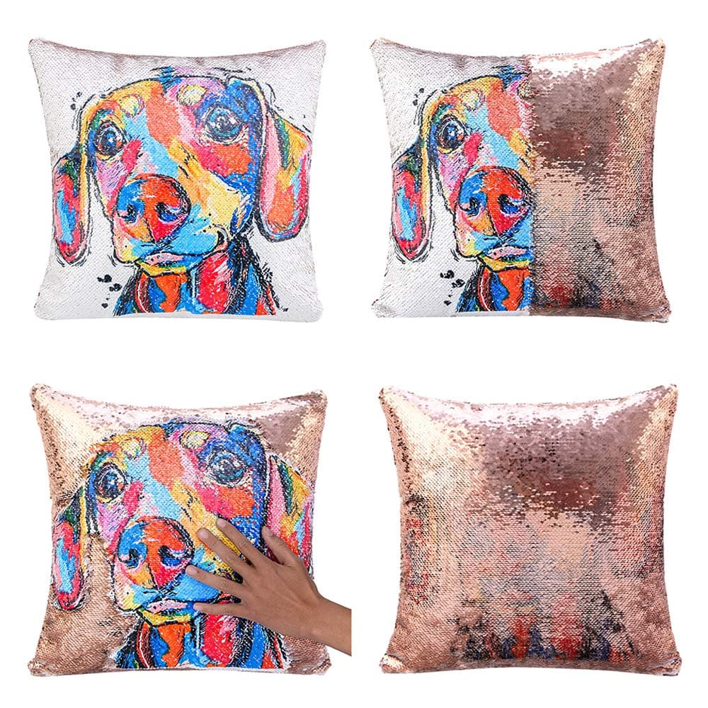 Merrycolor Dachshund Dog Sequin Pillow Cover Cute Pet Mermaid Throw Pillow Case Dog Lover Gifts for Women Decorative Cushion Pillow Cover (C Dachshund Dog-Gold Sequins)