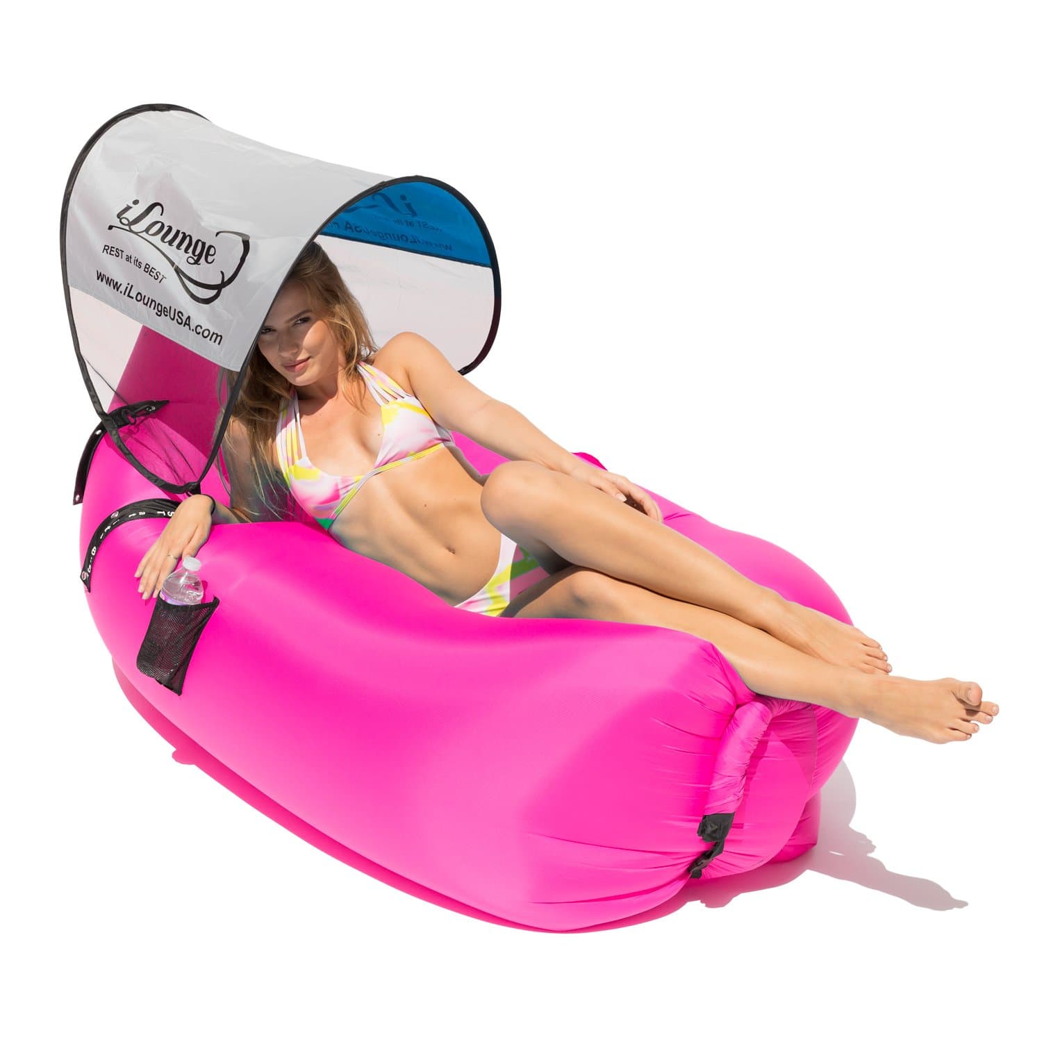 iLounge Inflatable Outdoor Lounge Chair, Beach Chair - Waterproof, Portable Sleeper Couch with Mini Canopy, Waterproof Pouch, Bottle Opener & Mesh Side Bag -Pink