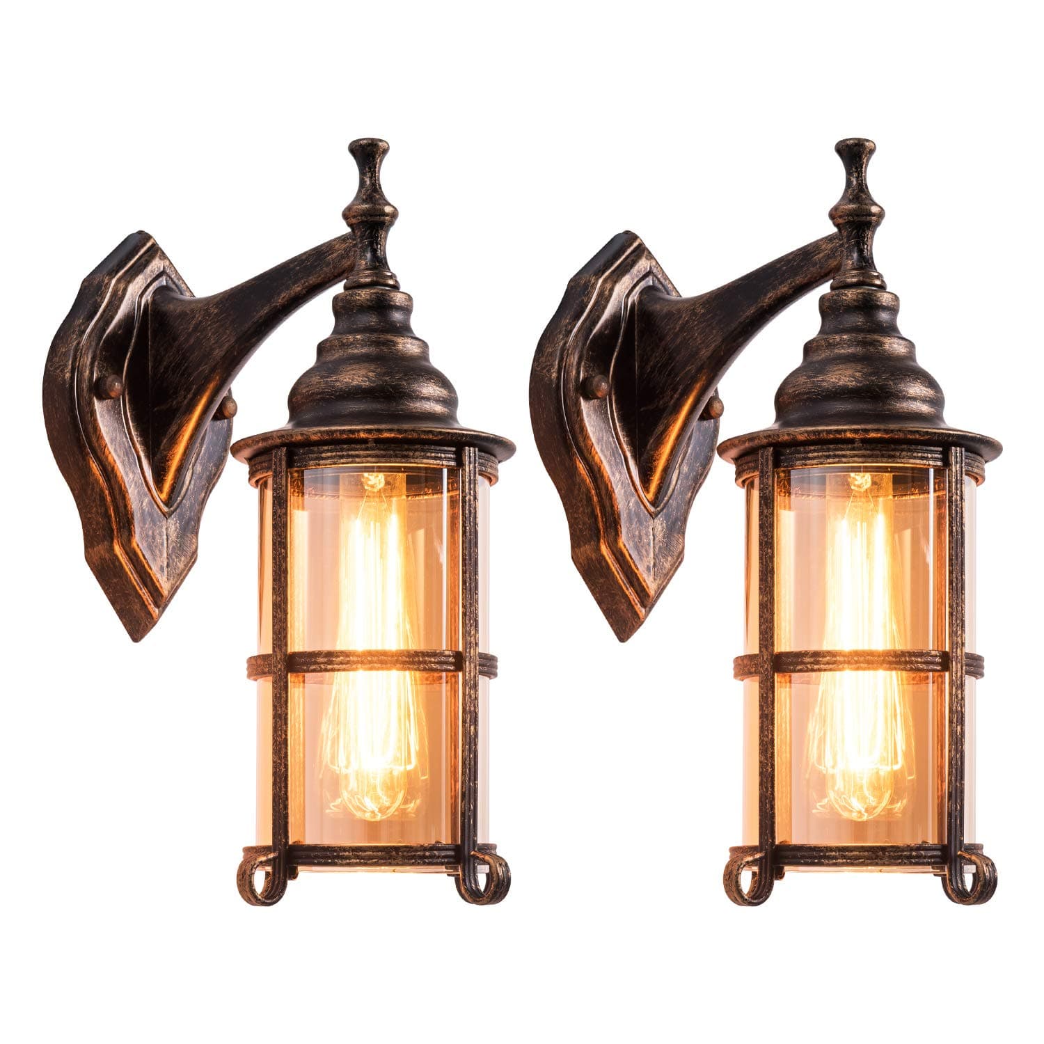 Outdoor Wall Lanterns 2 Pack, Industrial Rustic Porch Light, Golden Bronze Exterior Wall Sconces Fixture with Amber Glass Shade, Retro Farmhouse Wall Lamps for Outdoor/Indoor/Bedroom
