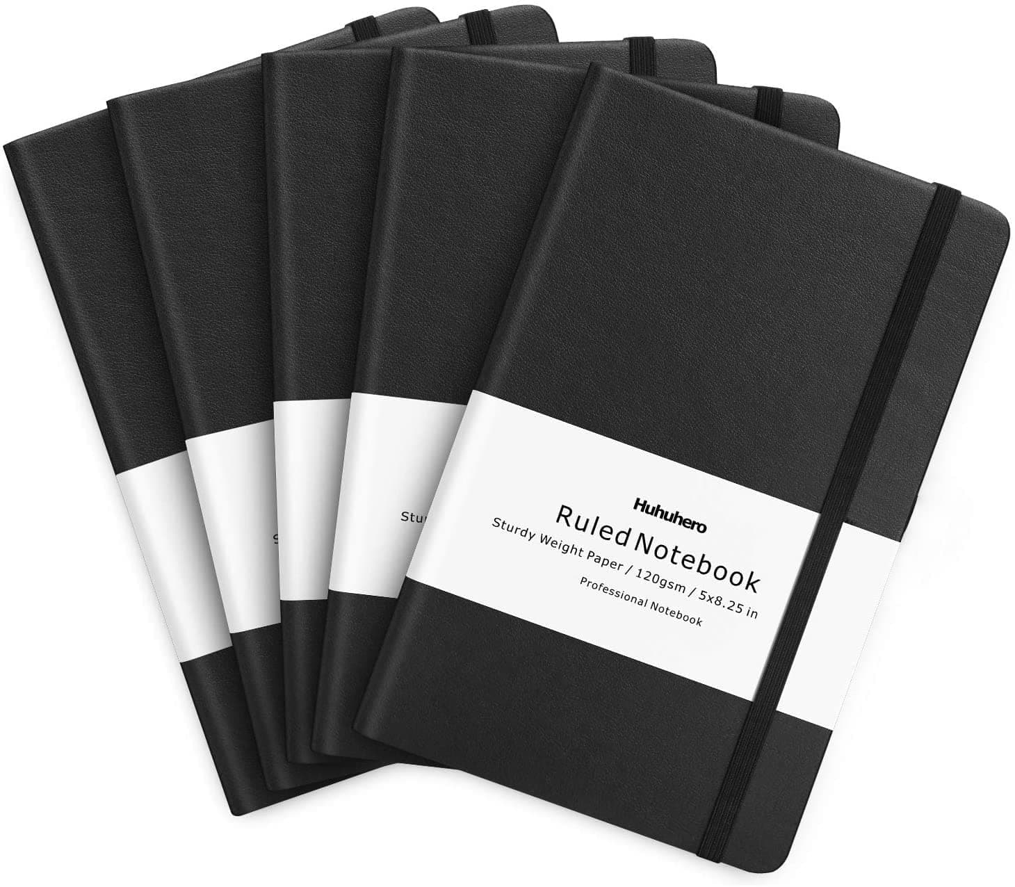 Huhuhero Lined Journal Notebook, 5 Pack Black Hardcover Notebooks for Work Women Men, 120Gsm Thick Paper Leather Journals for Writing Note Taking Business, Journaling School Supplies 5"×8.25"