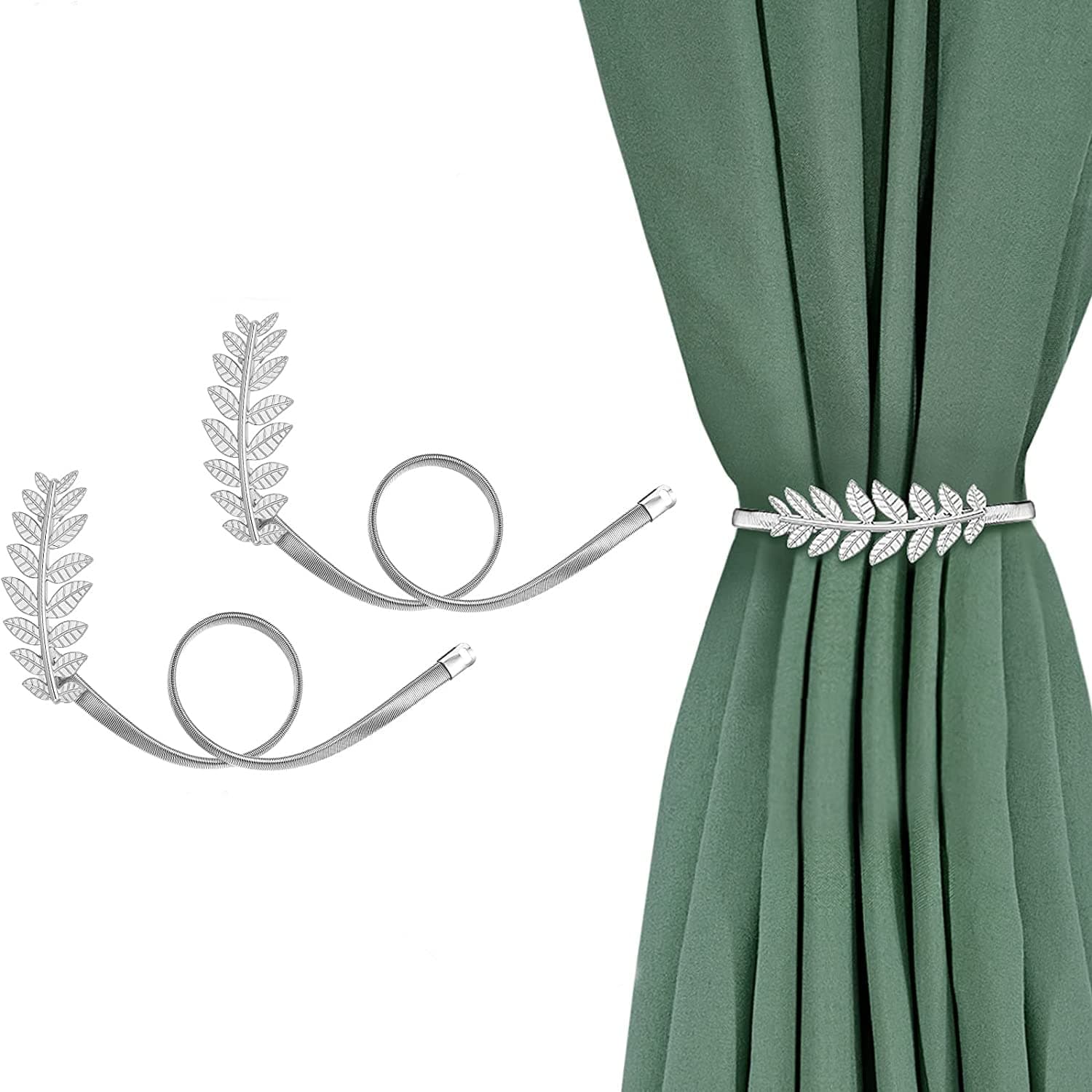 Arabest Curtain Tiebacks, 2 Pack Metal Spring Adjustable Curtain Holdback No Drilling Drapery Tieback with High-Elastic Band for Home Office Window Decor (Silver)