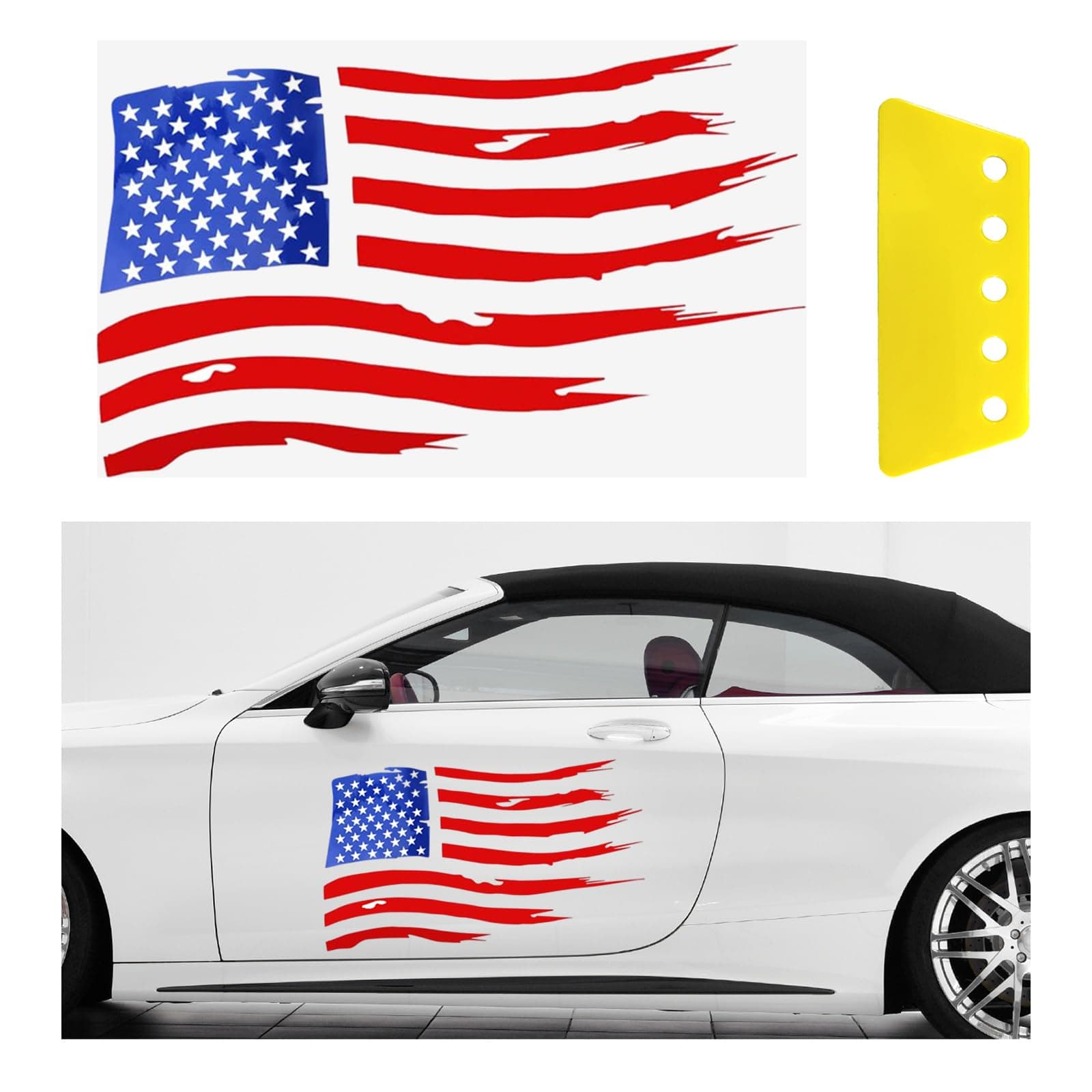 Distressed USA Flag Sticker, Auto American Flag Vinyl Decal, Waterproof American Flag Sticker for Cars Trucks SUVs Hood Window Door Sides Windshield, Car Accessories (Red)