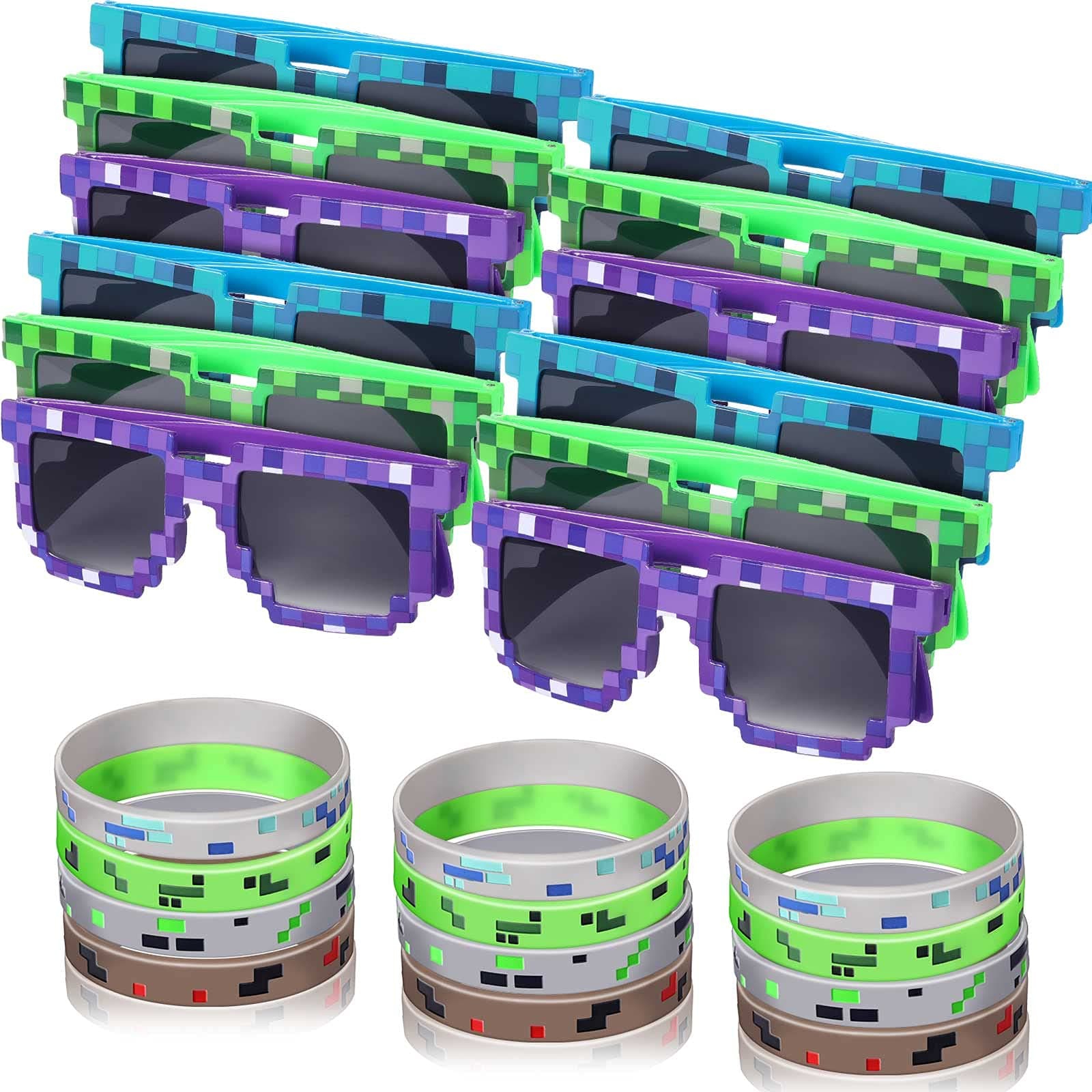 FiadaFiada 24 Pieces Pixel Party Favors for Kids, Pixel Sunglasses and Bracelet Wristbands for Kids Adults, Video Game Mining Birthday Party Supplies Decorations