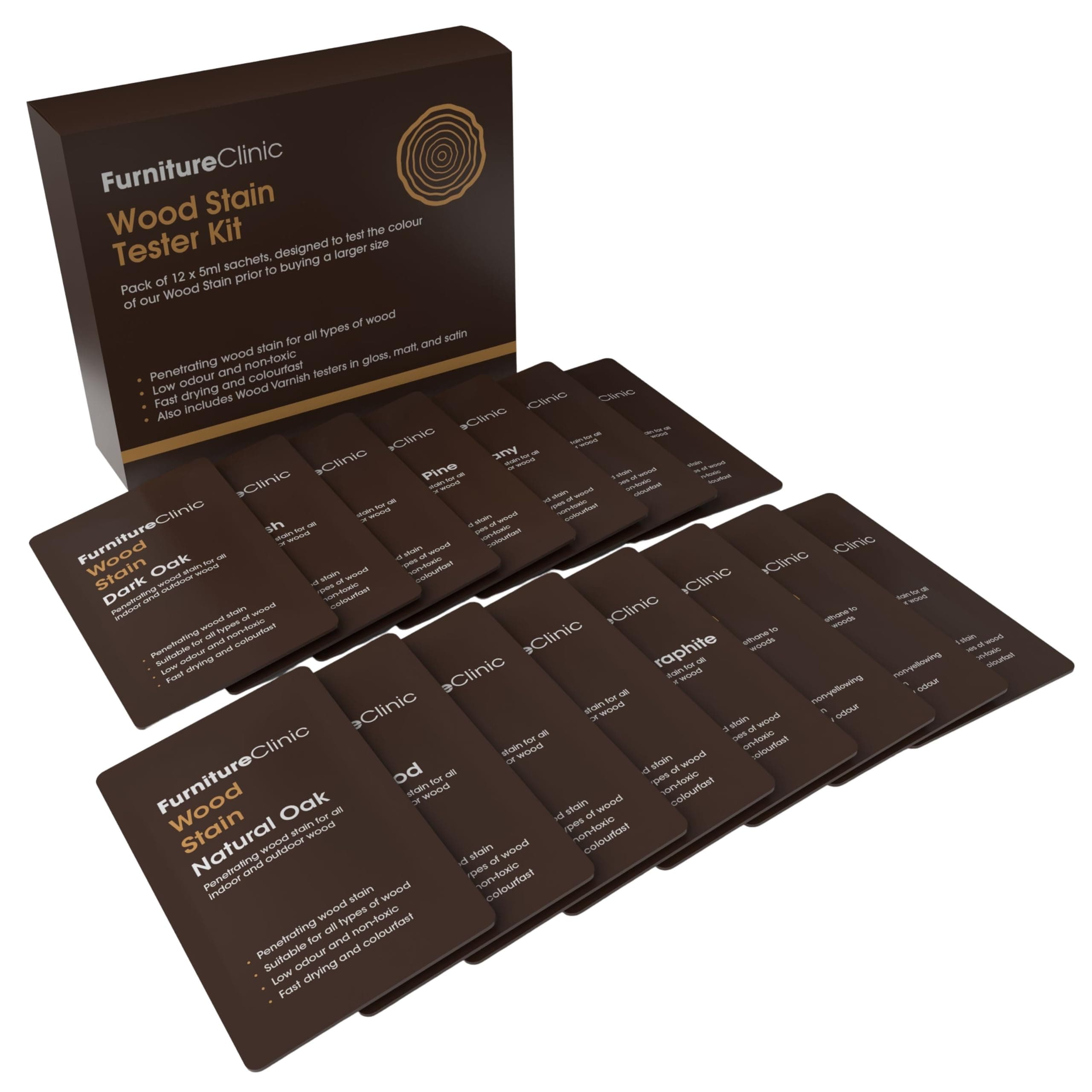 Furniture Clinic Wood Stain (Tester Kit) – Fast Drying, Highly Concentrated, And Easy-To-Apply For All Indoor & Outdoor Water Based Non-Toxic 9 X 15Ml