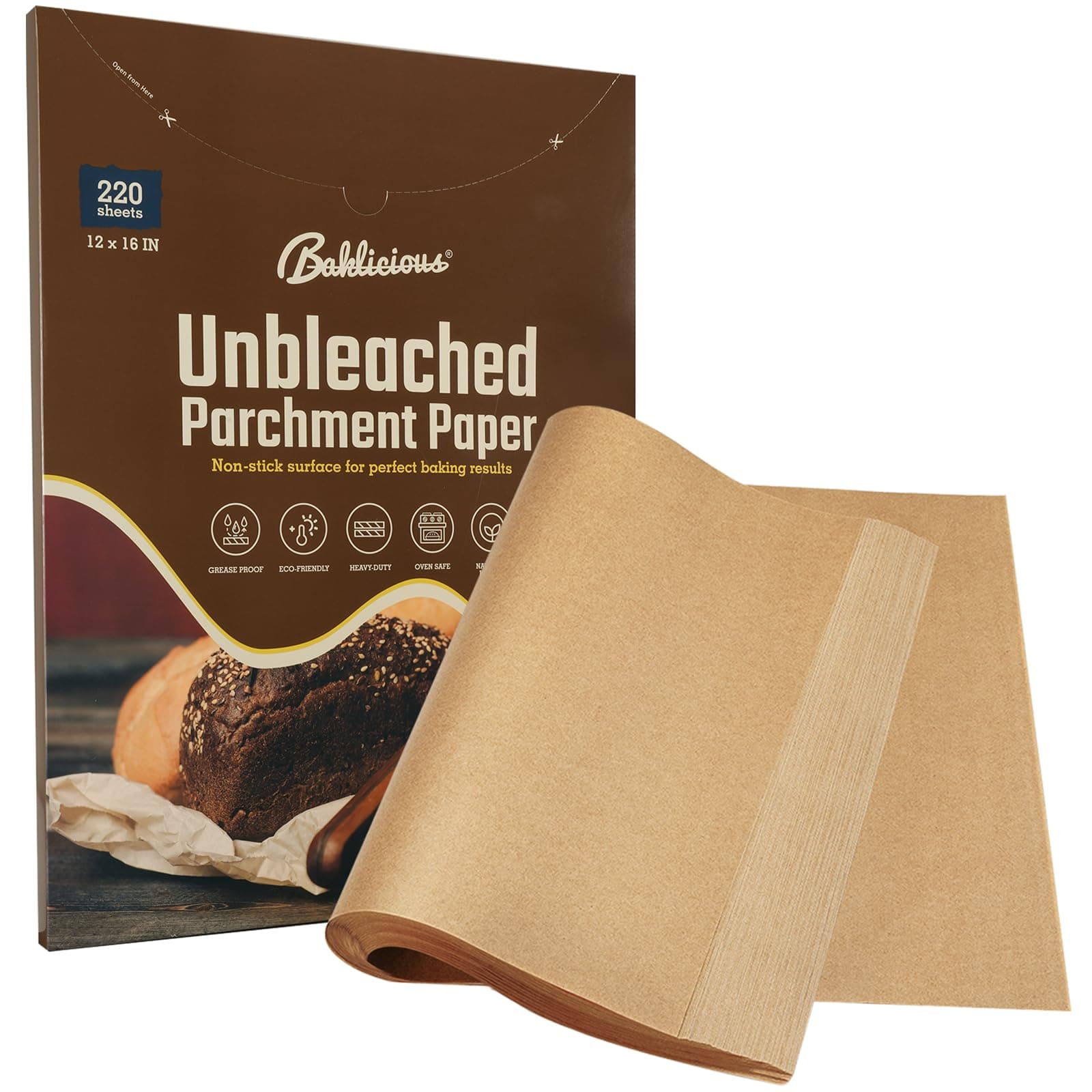 220 Pcs 12x16 in(30.5x40.6cm) Unbleached Parchment Paper Baking Sheets, Baklicious Pre-Cut Heavy Duty Parchment Baking Paper for Air Fryer, Oven, Bakeware, Steaming, Cooking Bread, Cupcake, Cookies