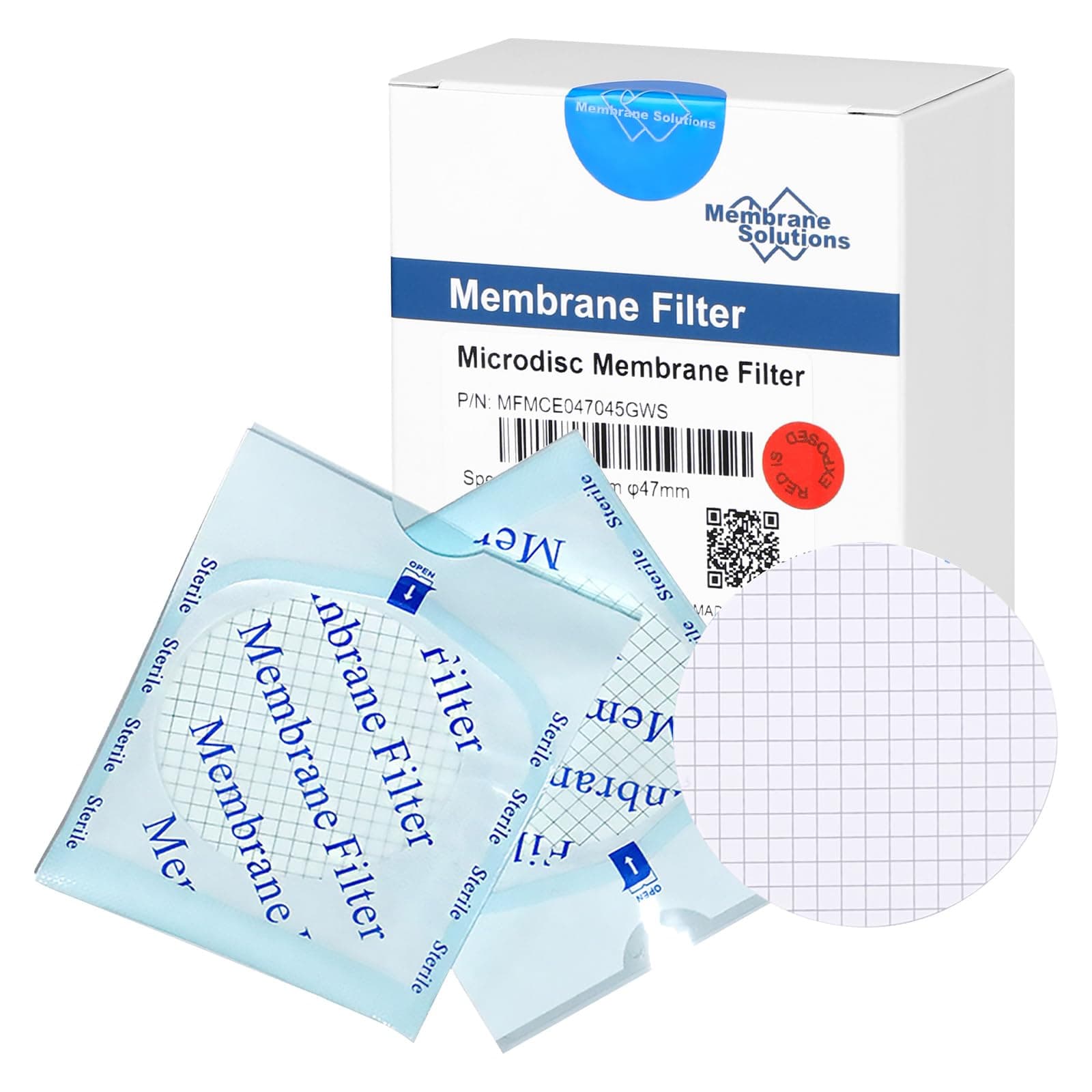 Membrane Solutions MCE Gridded Filter, Mixed Cellulose Esters Microbial Filter, Sterile Individual Pack Disc Filter, Diameter: 47 mm, Pore Size: 0.45 um, 100/Pk