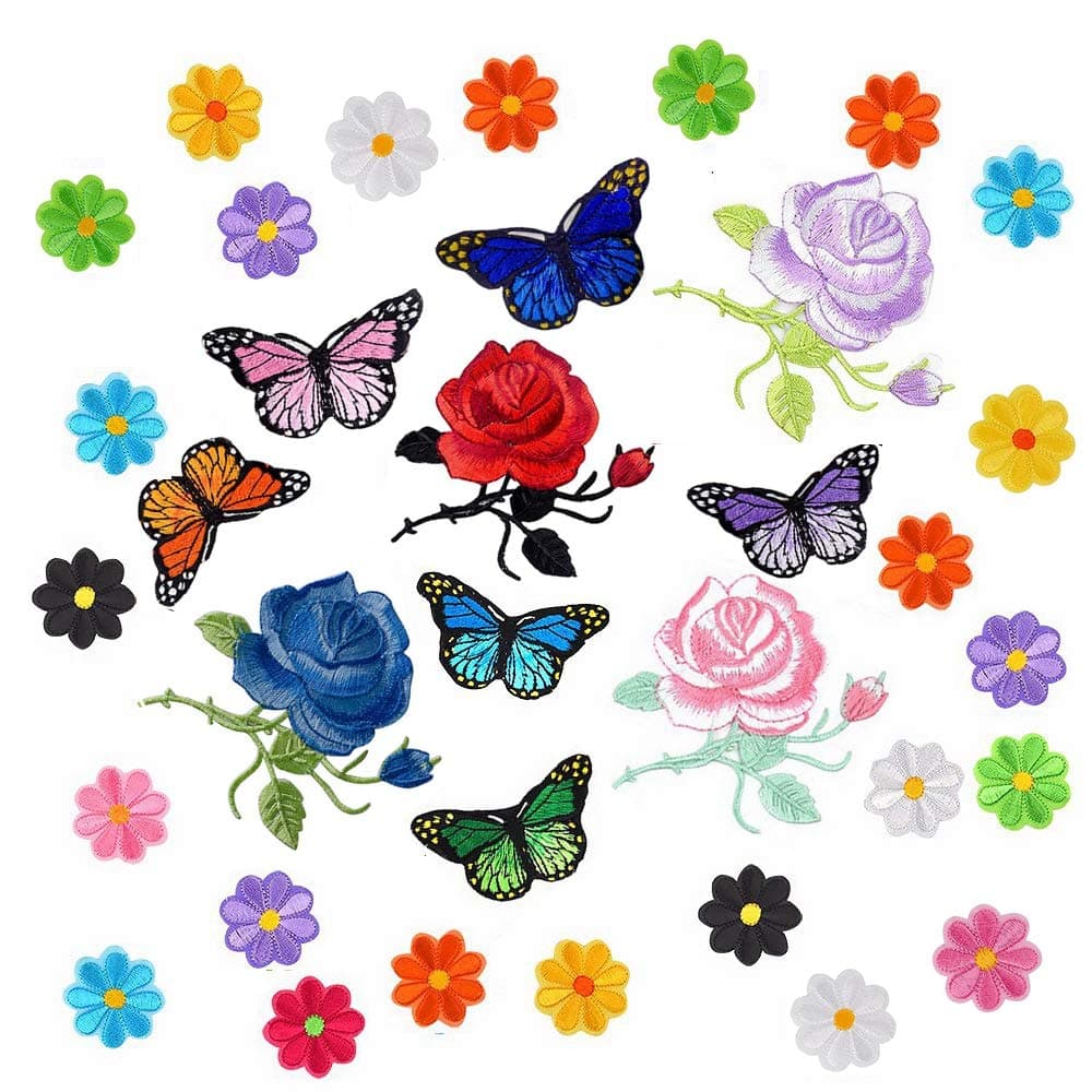 Budicool Flowers Butterfly Iron on Patches Embroidery Applique Patches for Arts Crafts DIY Decor, Jeans, Jackets, Clothing, Bags (Pack of 34pieces)