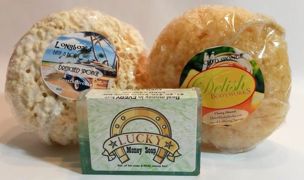 Delish Spa 3 Piece Shower Bundle - Soap Infused Drenched Sponges (Wild Honey and Coastal Breeze) Lucky Money All Natural Glycerin Soap by Delish Bodyworks